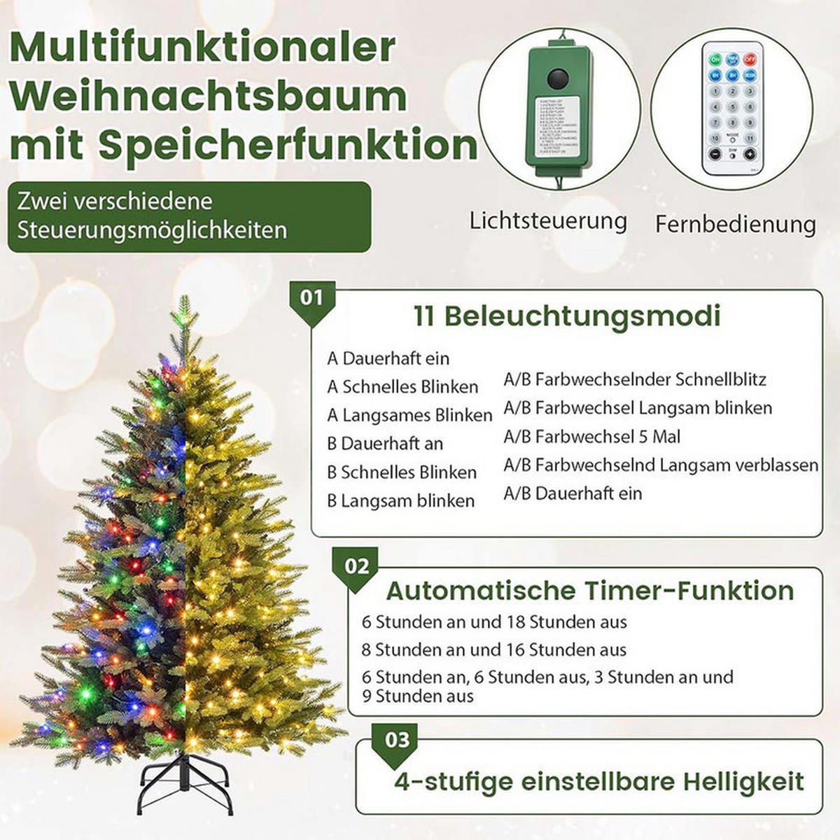 WEIHNACHTSBAUM mit 11 Lichtmodi 150cm Grün - Grün, Metall (150cm) - COSTWAY