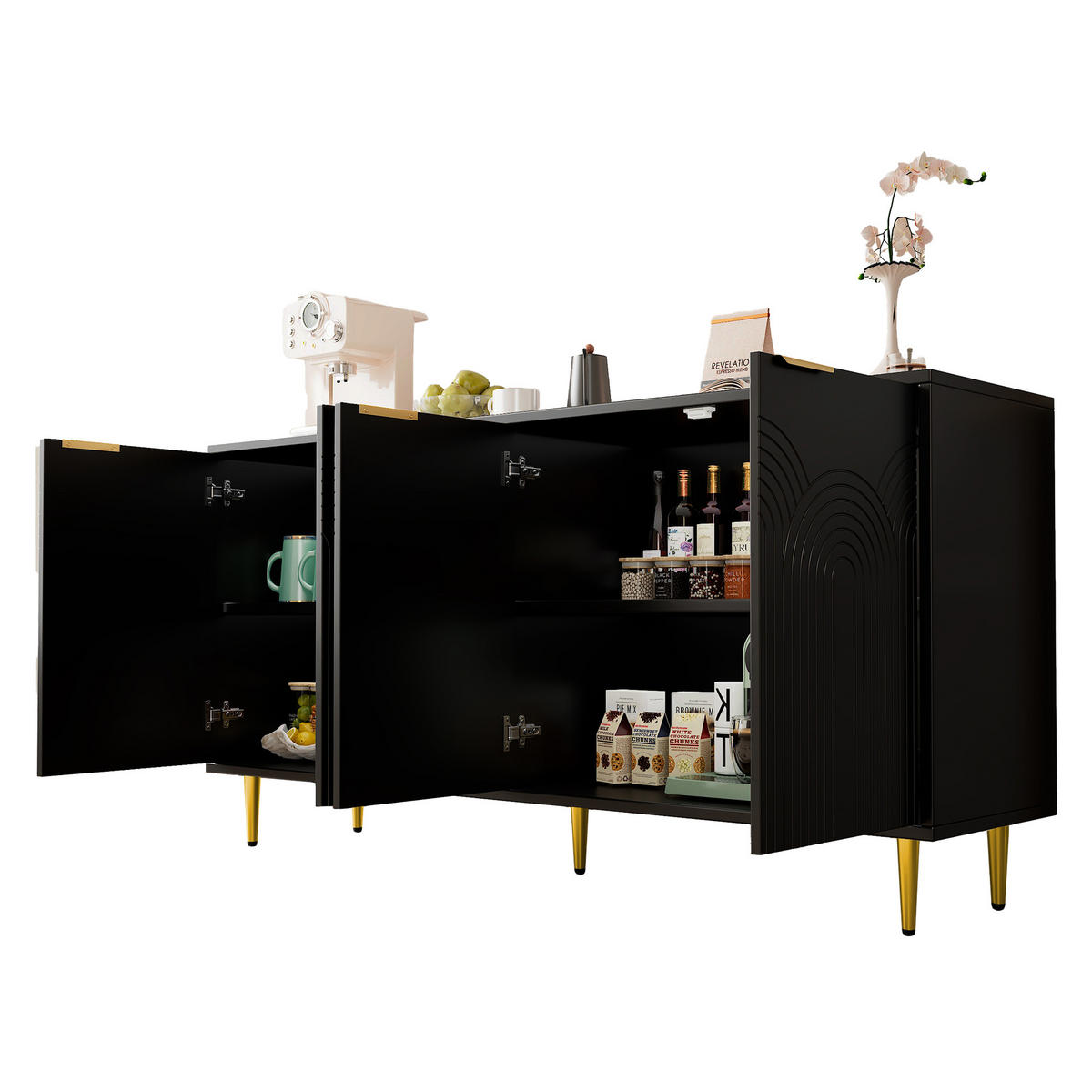 SIDEBOARD 160/40/80 cm mit 4 Türen, Soft-Close und viel Stauraum in Schwarz - Schwarz, Holzwerkstoff (160/80/40cm) - BEAOK