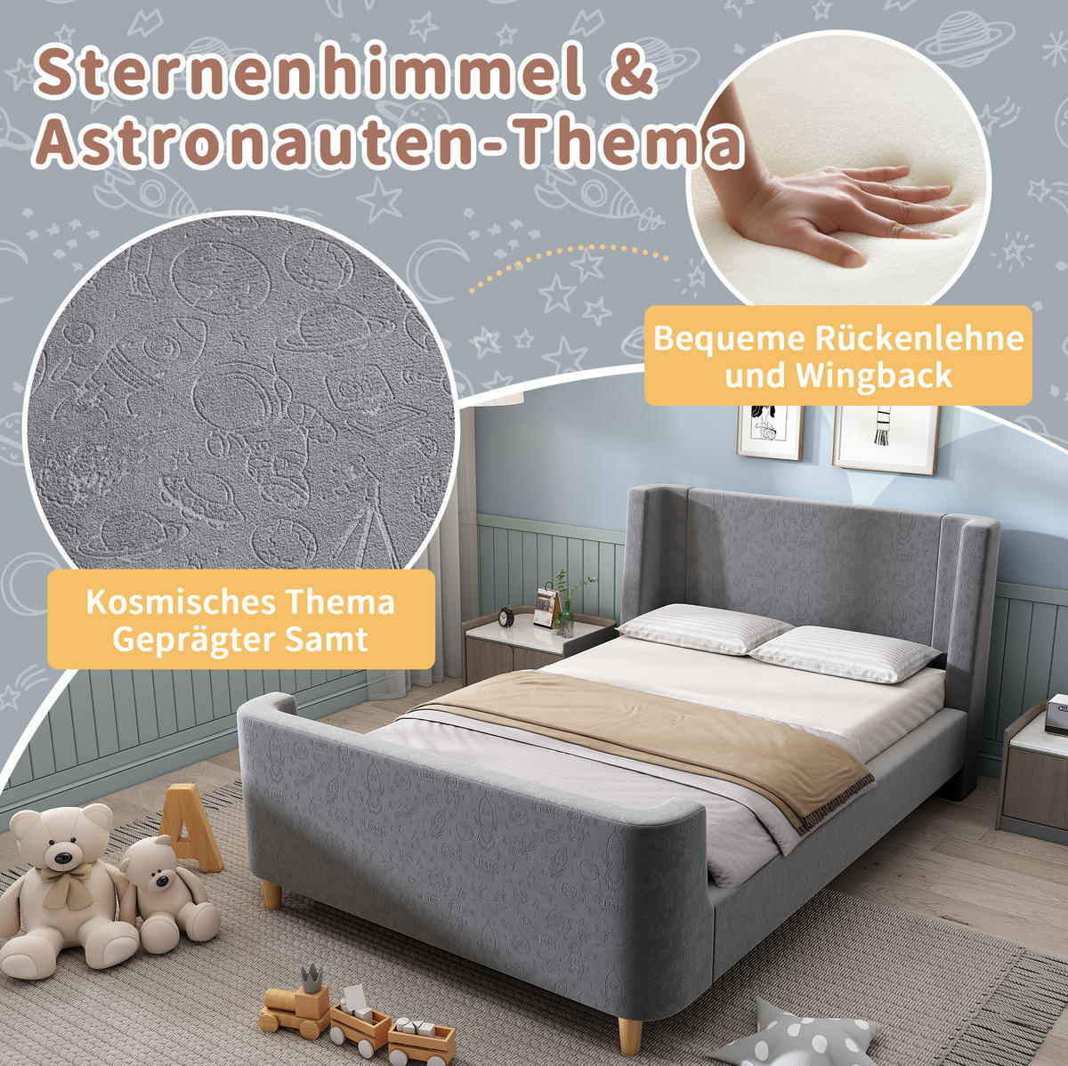 KINDERBETT 90/200 cm Grau aus Samt im Schlittenbett-Design - Grau, Textil (90/200cm) - OKMYHOME