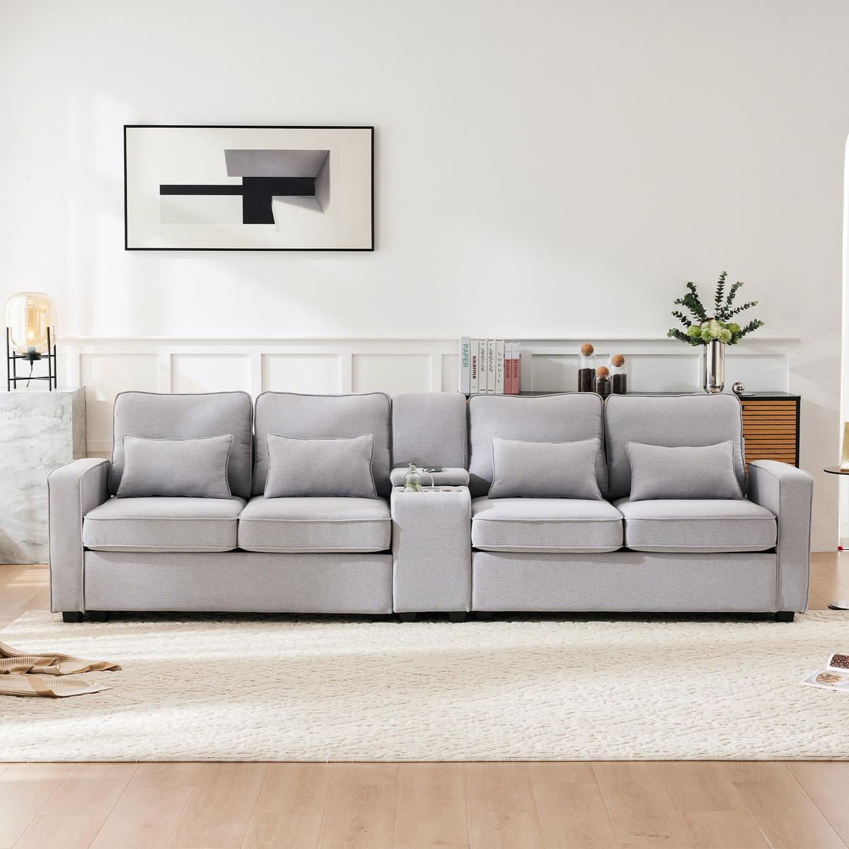 SOFA 4-Sitzer Leinenstoff Konsole 2 USB & Getränkehalter 4 Kissen Grau - Grau, Holz (83/88/290cm) - FLIEKS