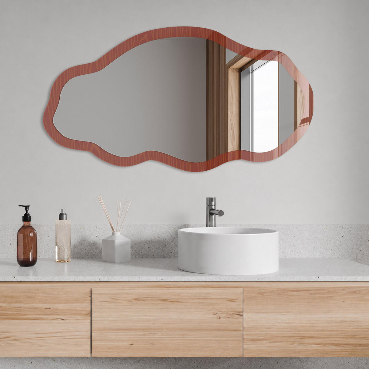 SPIEGEL 90x45 cm asymmetrisch mit Druck - Holzmotiv - Transparent, Glas (45/90/0.4cm) - TULUP