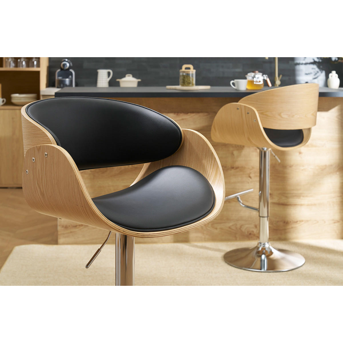 BARHOCKER Schwarz Helles Holz BENT - Schwarz, Textil (52/114/59cm) - Miliboo