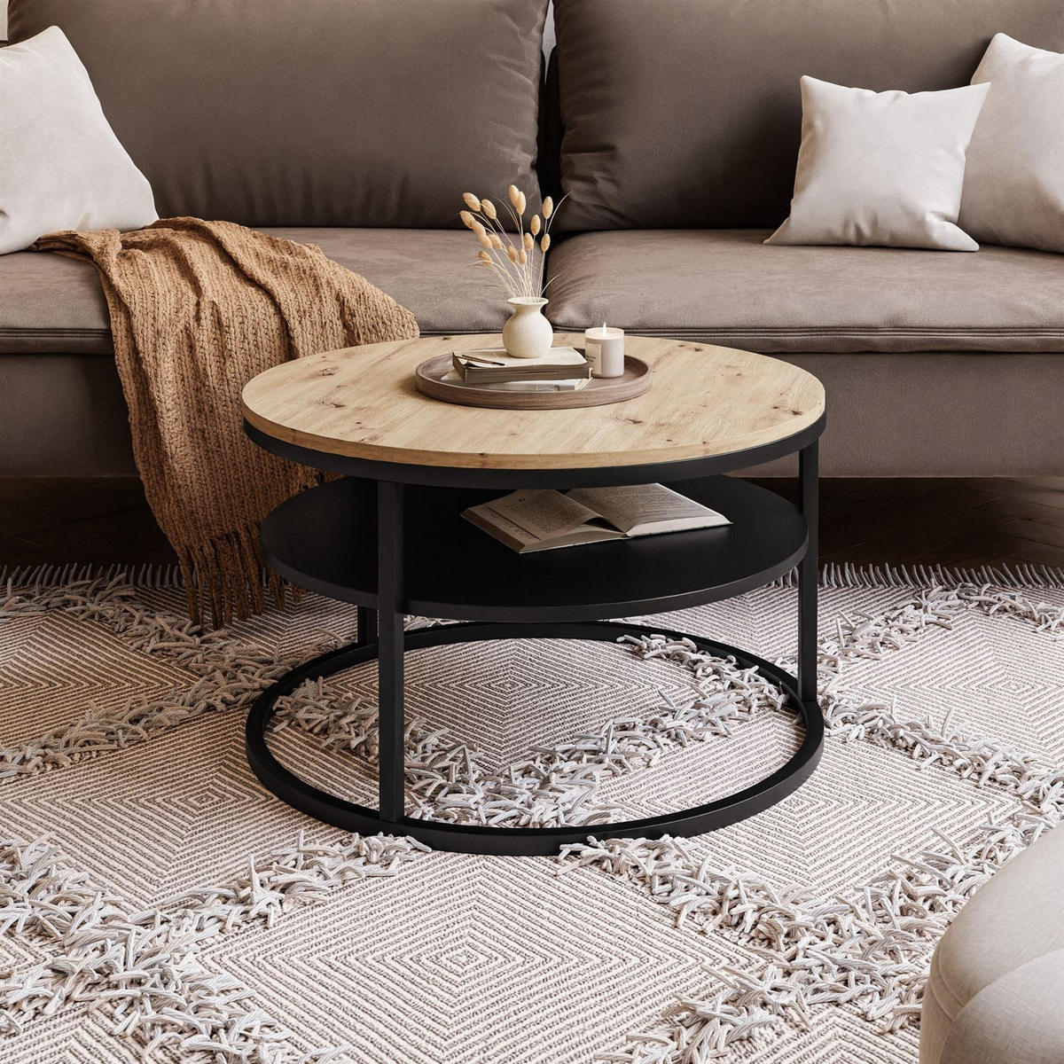 COUCHTISCH CIRI SLIM mit Regal Eichenholz Artisan - Schwarz, Holzwerkstoff (60/60/42cm) - Lookway