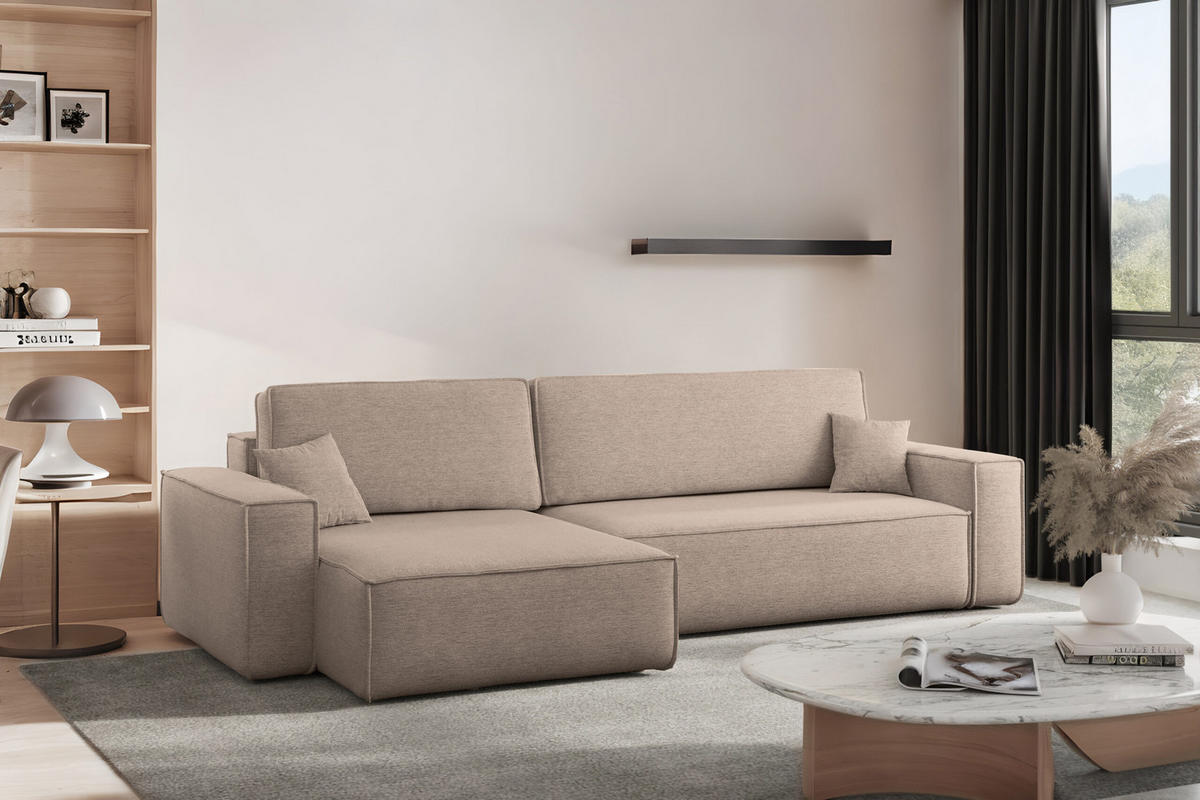 ECKSOFA Mit Schlaffunktion Und Bettkasten, Eckcouch Best XL Stoff Verita Warmbeige Links - Sandfarben, Holz (145/274cm) - Kaiser Möbel