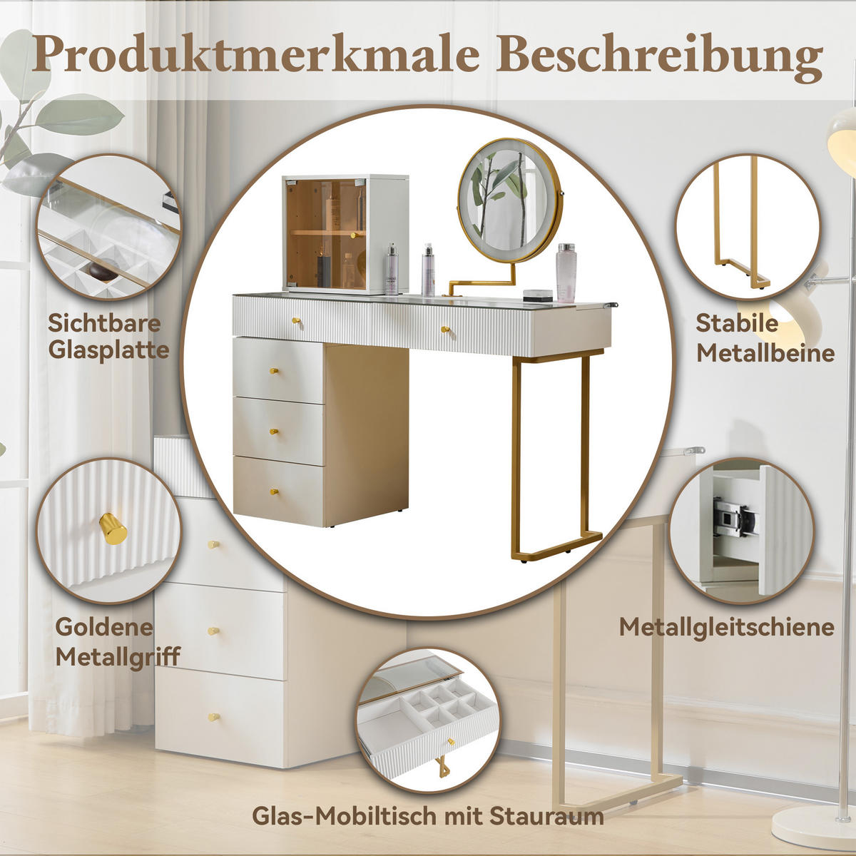 SCHMINKTISCH WEISS mit LED-Spiegel gehärtetem Glas und Schrank 120x45x115 cm - Weiß, Holzwerkstoff (45/115/120cm) - Bomclap