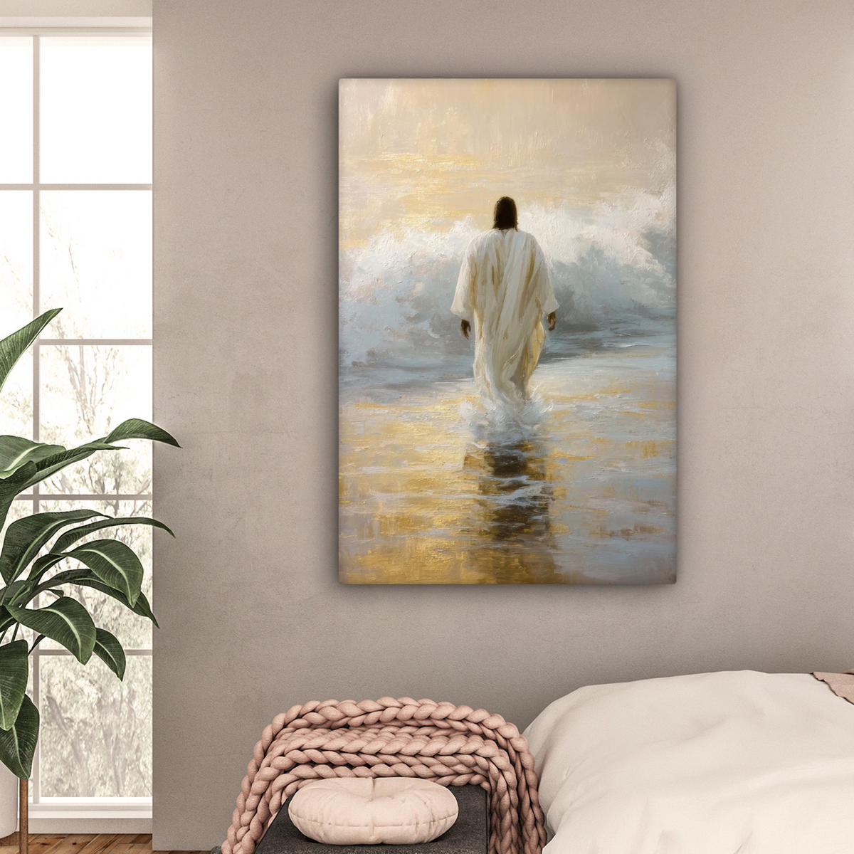 LEINWANDBILD Gemälde - Welle - Jesus - Abstrakt Deko Groß 90x140 cm - Goldfarben, Textil (90/140cm) - MuchoWow