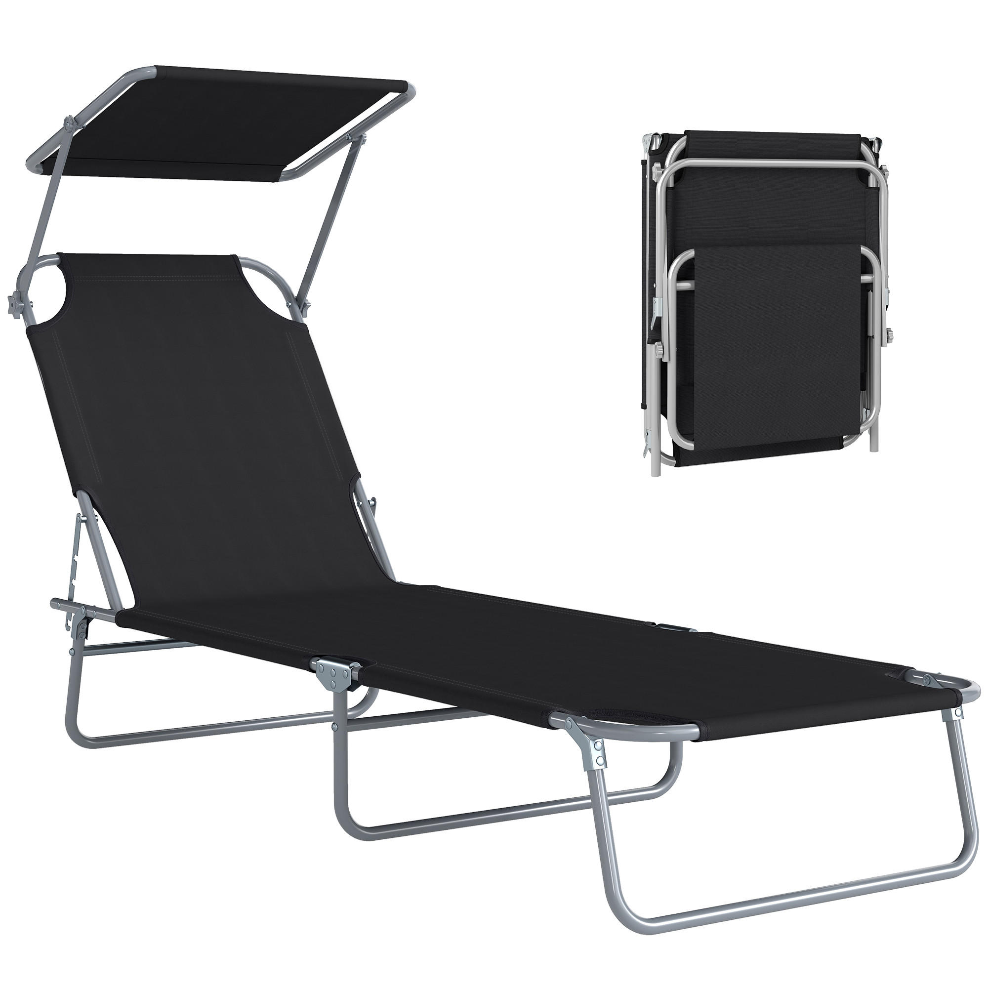 SONNENLIEGE Klappbare mit mehrfach verstellbarer Rückenlehne und verstellbarem Sonnenschutz,187x58x36 cm ,Schwarz - Schwarz, Metall (58/36/187cm) - Vallsero