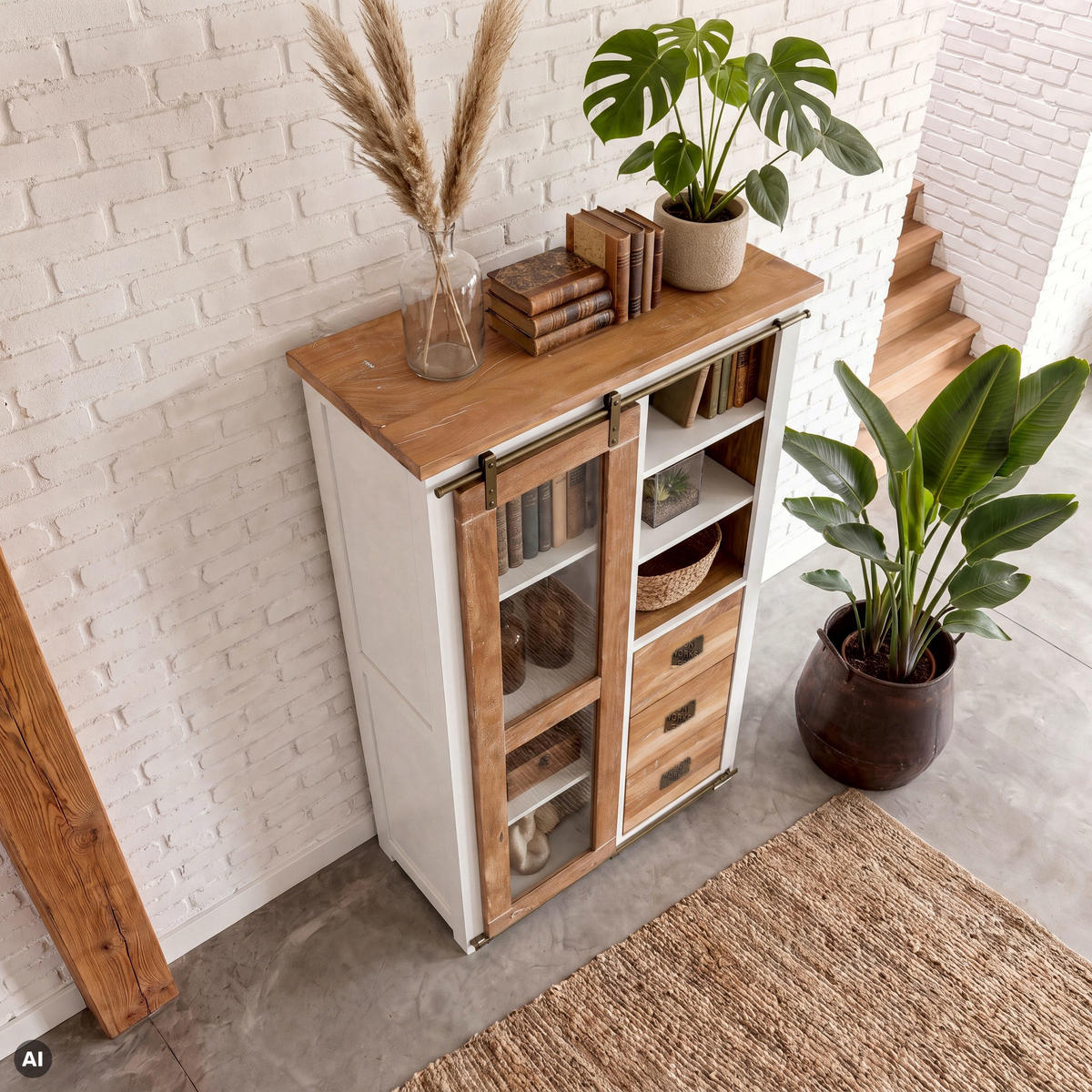 VITRINE Mango 100x45x175 weiß lackiert RAILWAY #526 - Weiß, Holz (100/175/45cm) - Massivmoebel24