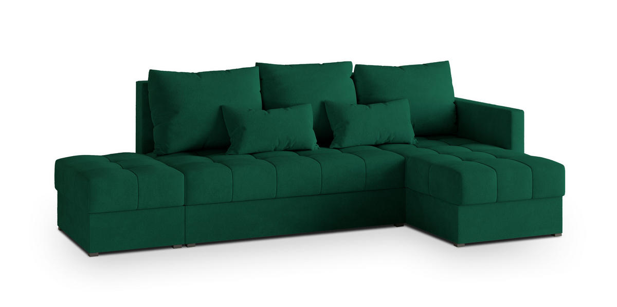 ECKSOFA LUMARI R-S Grün Plüsch-Stoff mit Schlaffunktion - Grün, Holz (262/143cm) - MASSENO