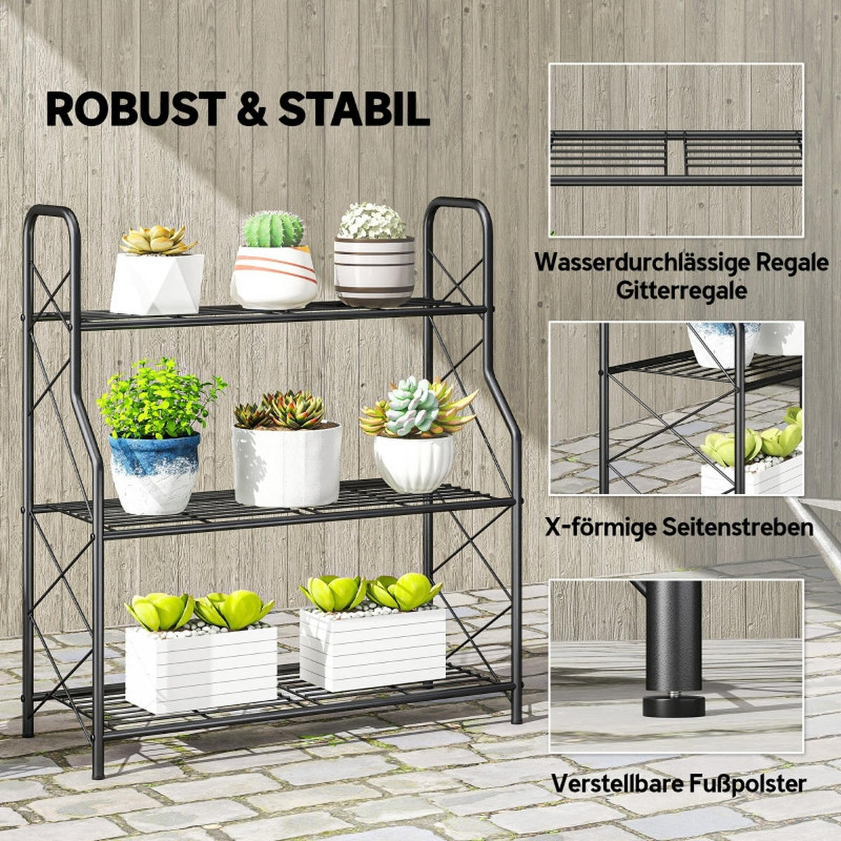 GARTENREGAL aus Metall 69x28,5x78 cm in Schwarz mit Griffen - Schwarz, Metall (28.5/78/69cm) - Modfu