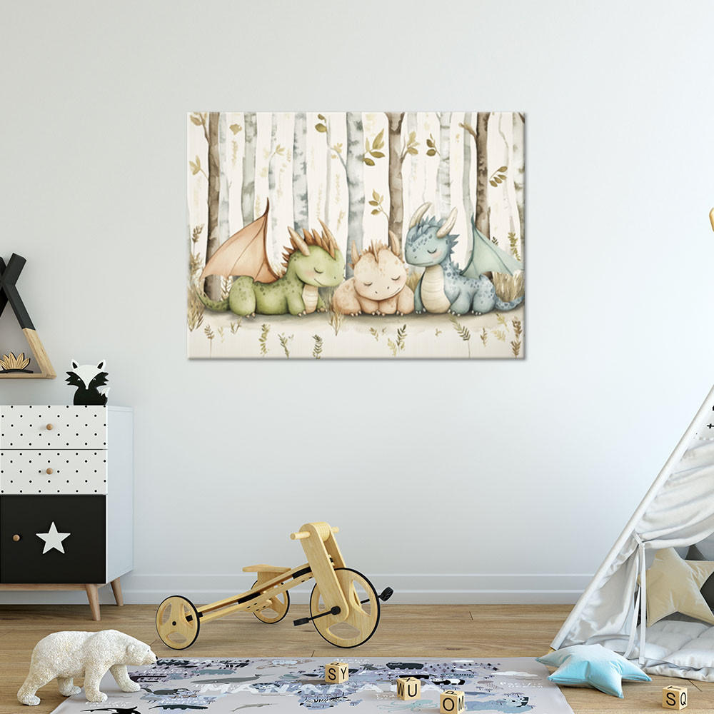 WANDBILD für kinderzimmer kleine drachentiere im wald - Beige, Textil (60/40cm) - Feeby