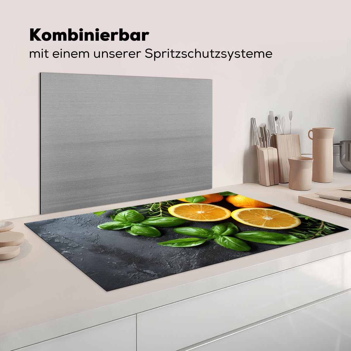 HERDABDECKPLATTE Obst - Grau - Konkret - Orange - Pflanzen Induktionsschutz 91.2x52 cm - Anthrazit, Kunststoff (91.2/52/0.2cm) - MuchoWow