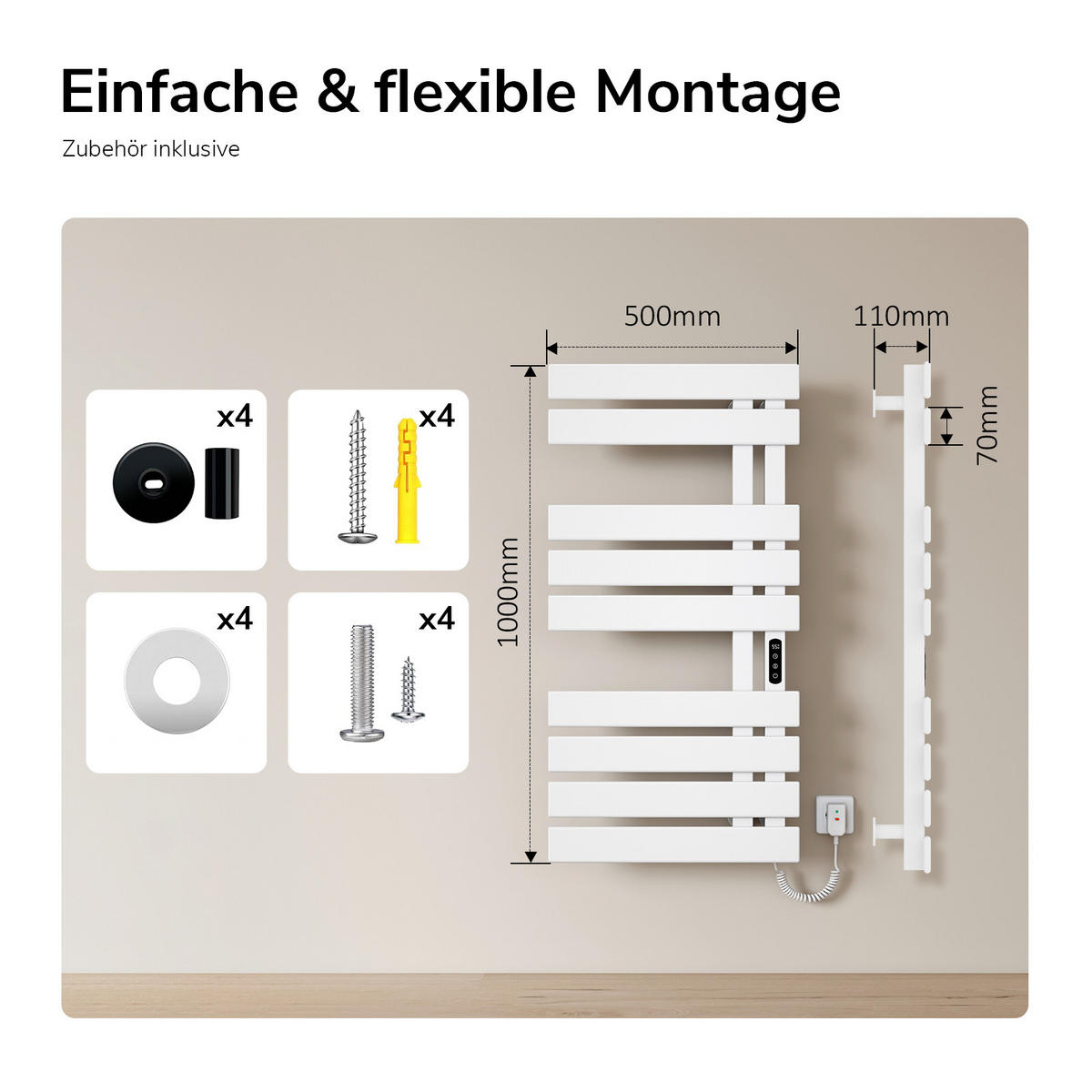 HEIZKÖRPER Elektrisch WLAN Thermostat Kabelanschluss rechts Weiß 100/50 cm - Weiß, Metall (50/100/11cm) - EMKE