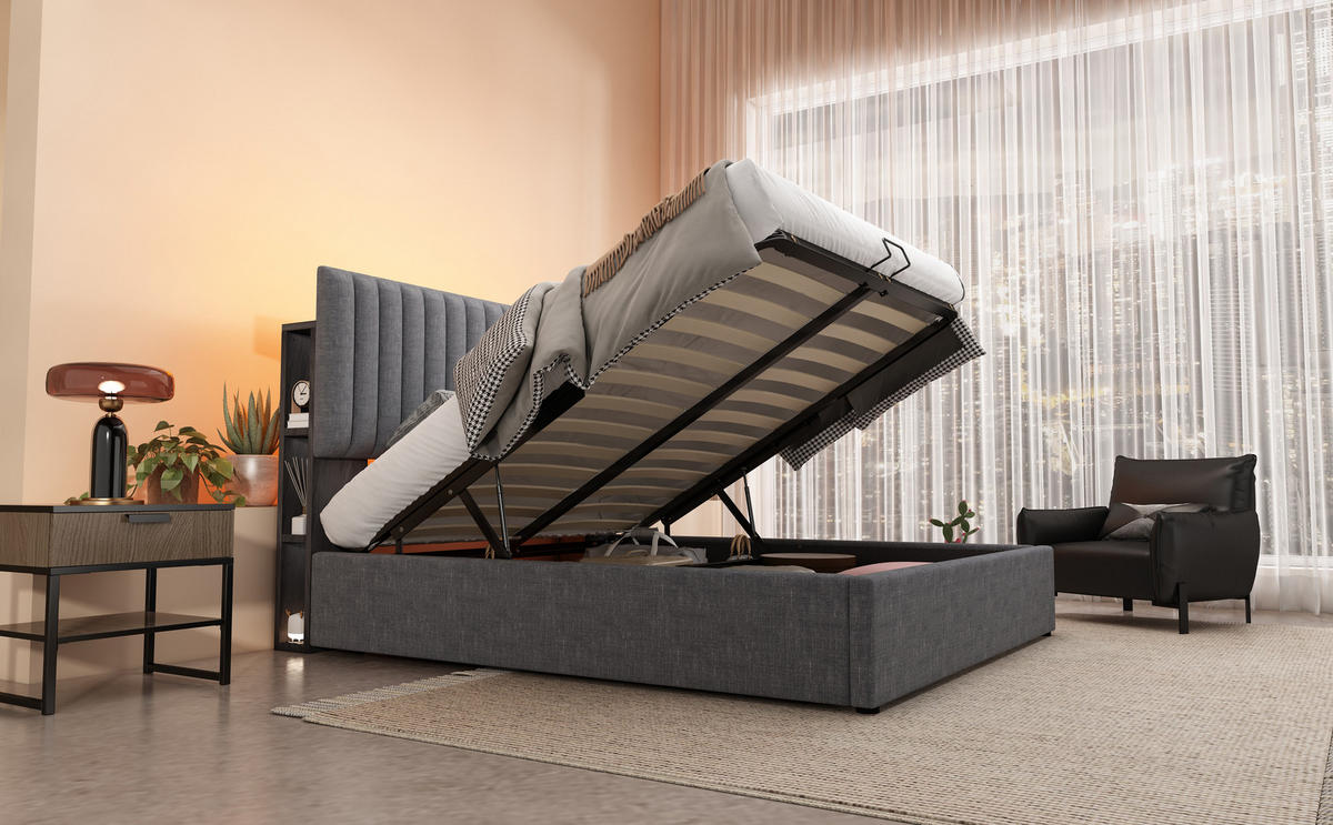 POLSTERBETT 140/200 cm in Grau Leinen mit Bettkasten, LED und USB Type-C - Grau, Holzwerkstoff/Textil (140/200cm) - WISHDOR