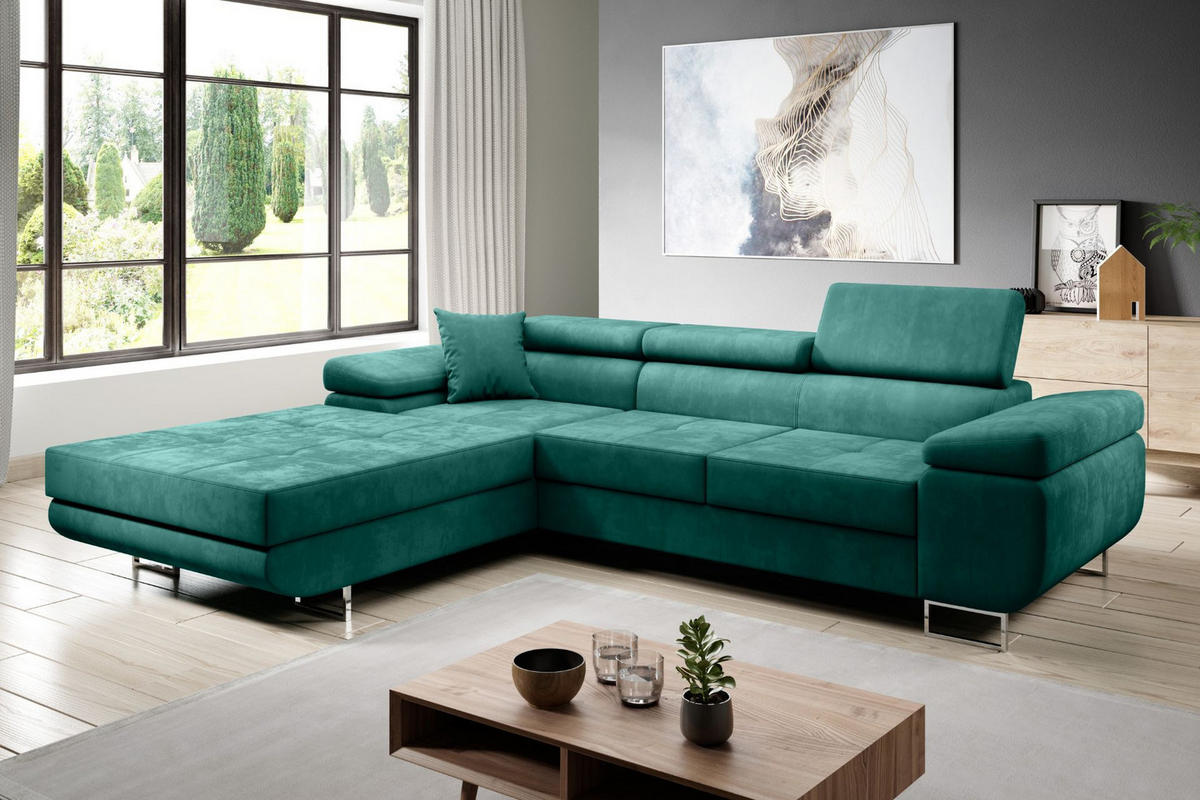 ECKSOFA ALONZO L Links mit Schlaffunktion 125x195 Velours Grün - Silberfarben/Grün, Holz/Textil (275/203cm) - Muffo