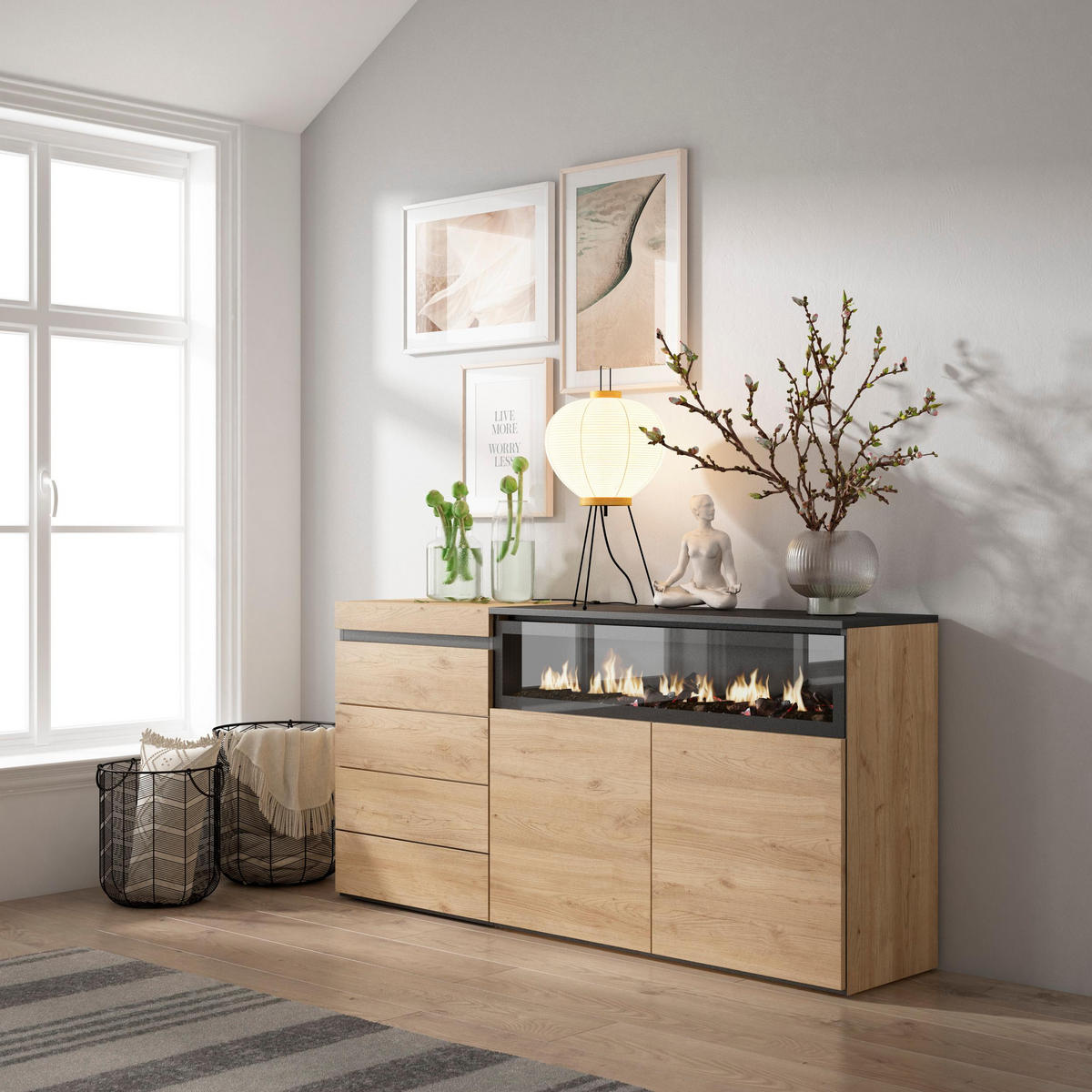 KOMMODE mit Schubladen, Elektrokamin, eiche, 158/35/75cm - Eichefarben/Beige, Holzwerkstoff (158/75/35cm) - Skraut Home