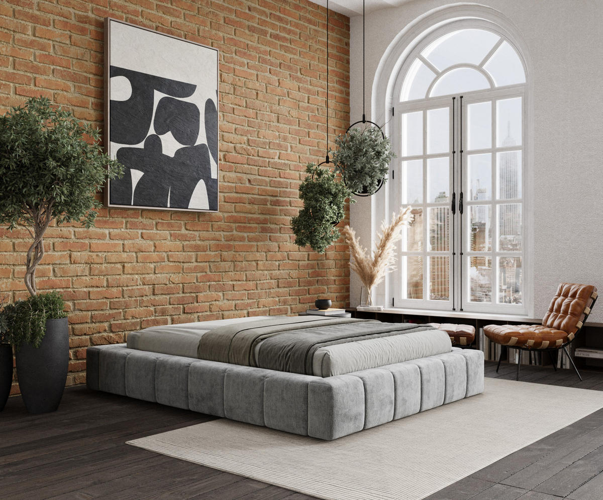 POLSTERBETT Aruba Hellgrau 180/200 cm im Chenille-Stoff - Hellgrau/Schwarz, Holz/Holzwerkstoff (180/200cm) - Maison de Reve