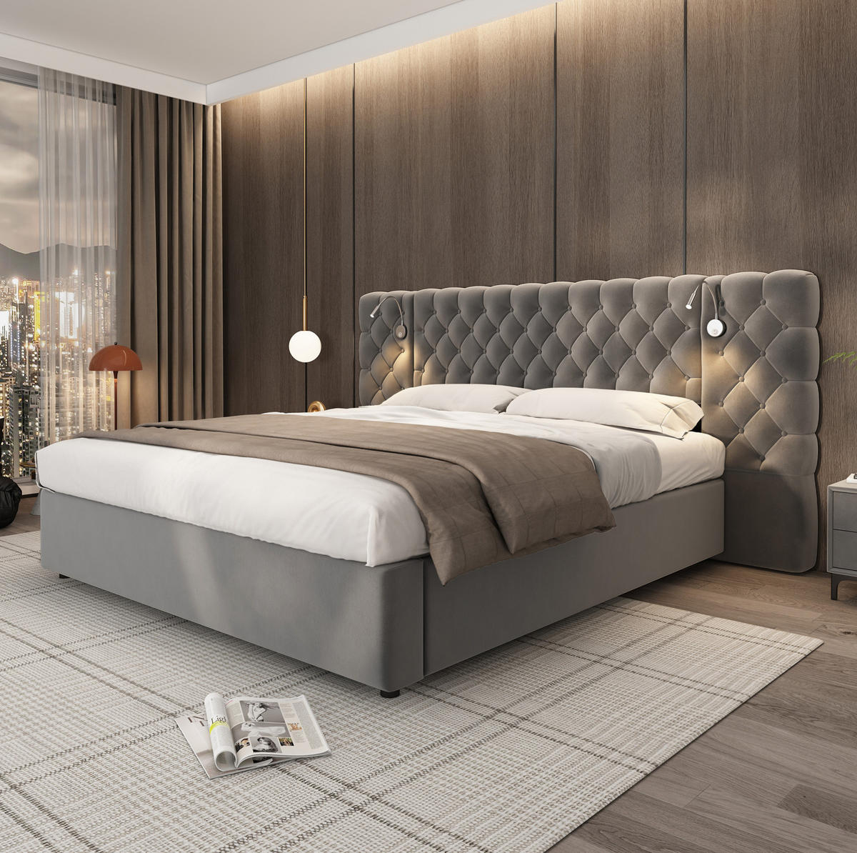 SAMT-POLSTERBETT 180/200 cm mit Bettkasten, LED-Beleuchtung und Lattenrost - Grau, Textil (180/200cm) - BEAOK