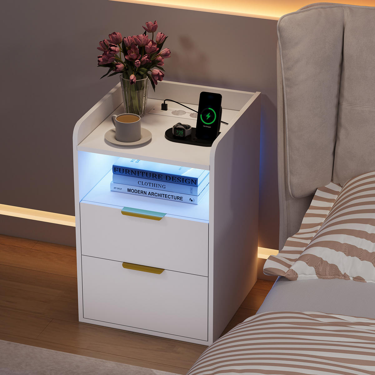 NACHTTISCH,BEISTELLTISCH Weiß mit LED-System, Steckdose, 2 Schubladen und Geheimfach - Weiß, Holz (40/60/40cm) - PARAFTA HOME