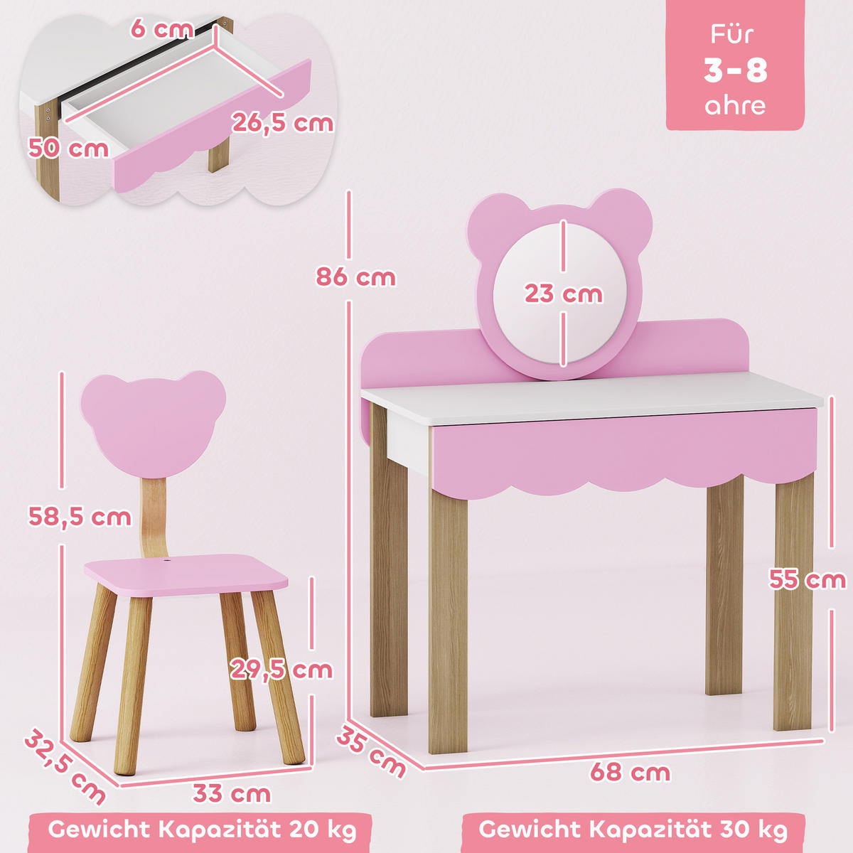 KINDER Schminktisch Set Frisiertisch mit Hocker Spiegel Schubladen Kosmetiktisch - Rosa/Naturfarben, Holzwerkstoff (35/86/68cm) - AIYAPLAY