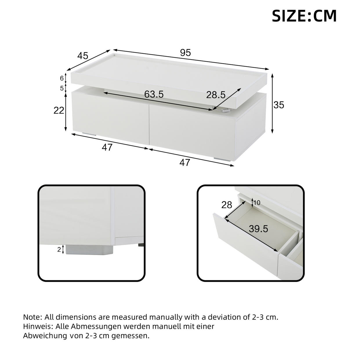 KONFERENČNÍ stolek 95/45/35 cm bílý z dřevotřísky s LED osvětlením a 2 zásuvkami - bílá, kompozitní dřevo (95/45/35cm) - OKWISH