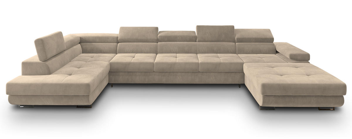 WOHNLANDSCHAFT TORIVA L-S Creme Velours-Stoff mit Schlaffunktion - Creme, Holz (418/90/202cm) - MASSENO