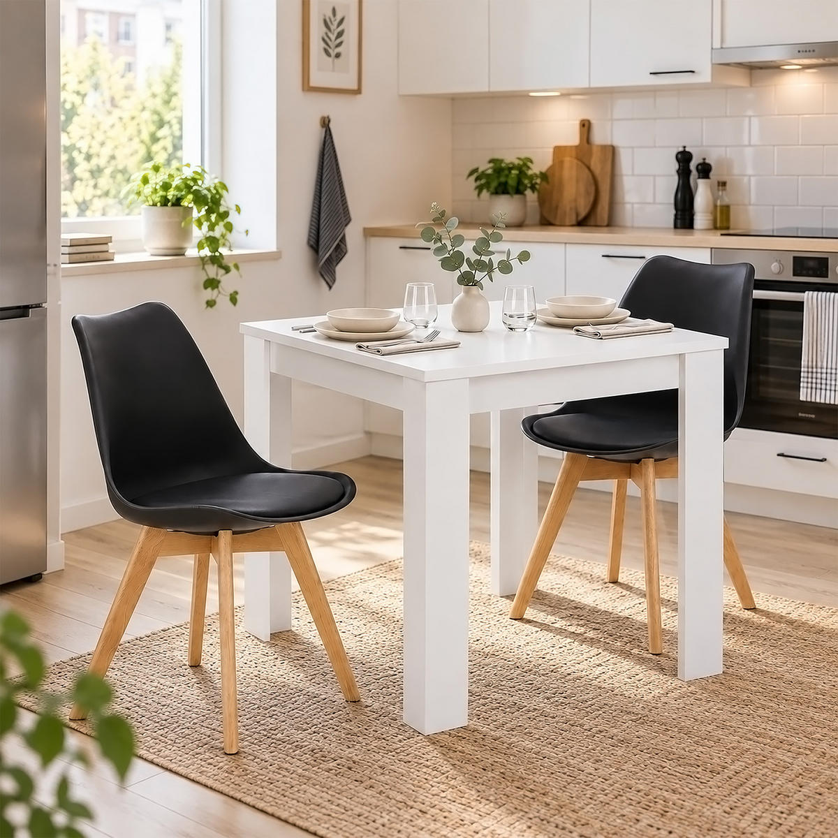 TISCHGRUPPE 80/80 cm Weiß mit 2 Stühlen schwarz - Beige/Schwarz, Holz/Kunststoff (80/80/80cm) - Homestyle4u