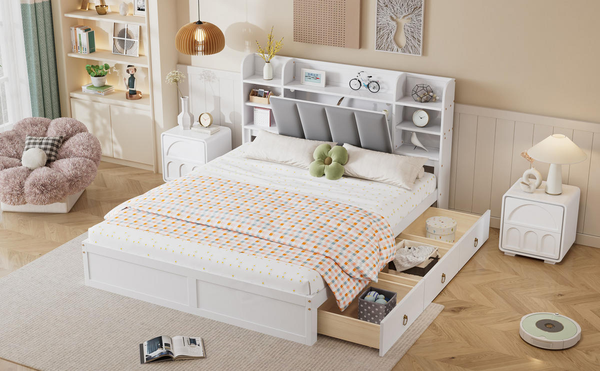 BETT 160x200 cm Schubladen Regal weiß - Weiß, Holz (160/200cm) - LEBENLANG