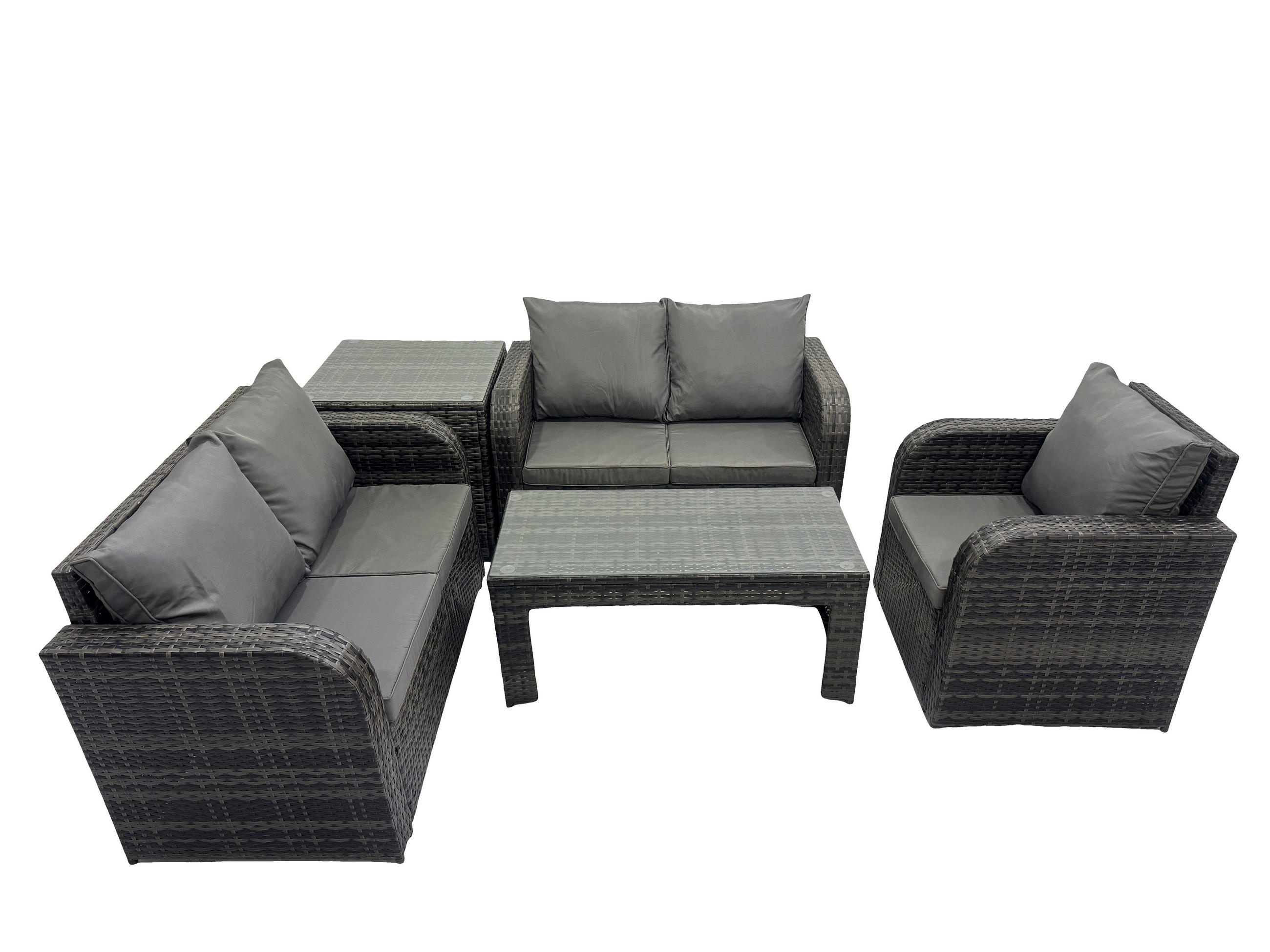 GARTENSOFA SET mit rechteckigem COUCHTISCH Polyrattan 5-Sitzer Dunkelgrau - Dunkelgrau/Grau, Glas/Kunststoff - Fimous