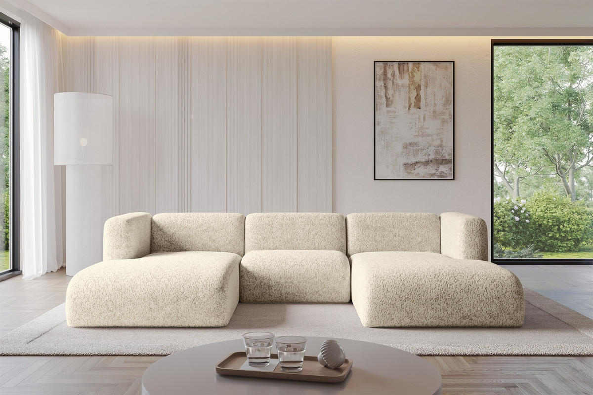 WOHNLANDSCHAFT MIRA-U1 317x179x70 Creme Velours - Creme/Schwarz, Holzwerkstoff/Kunststoff (317/70/179cm) - ALTDECOR