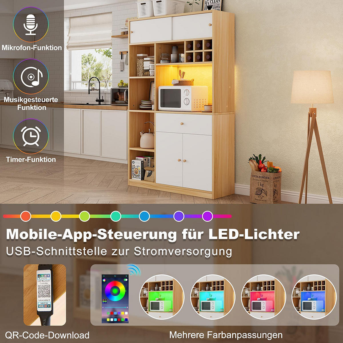 BUFFET mit LED B115×T35×H180cm,Weiß+Natur - Naturfarben, Holz (35/180/115cm) - KOMHTOM