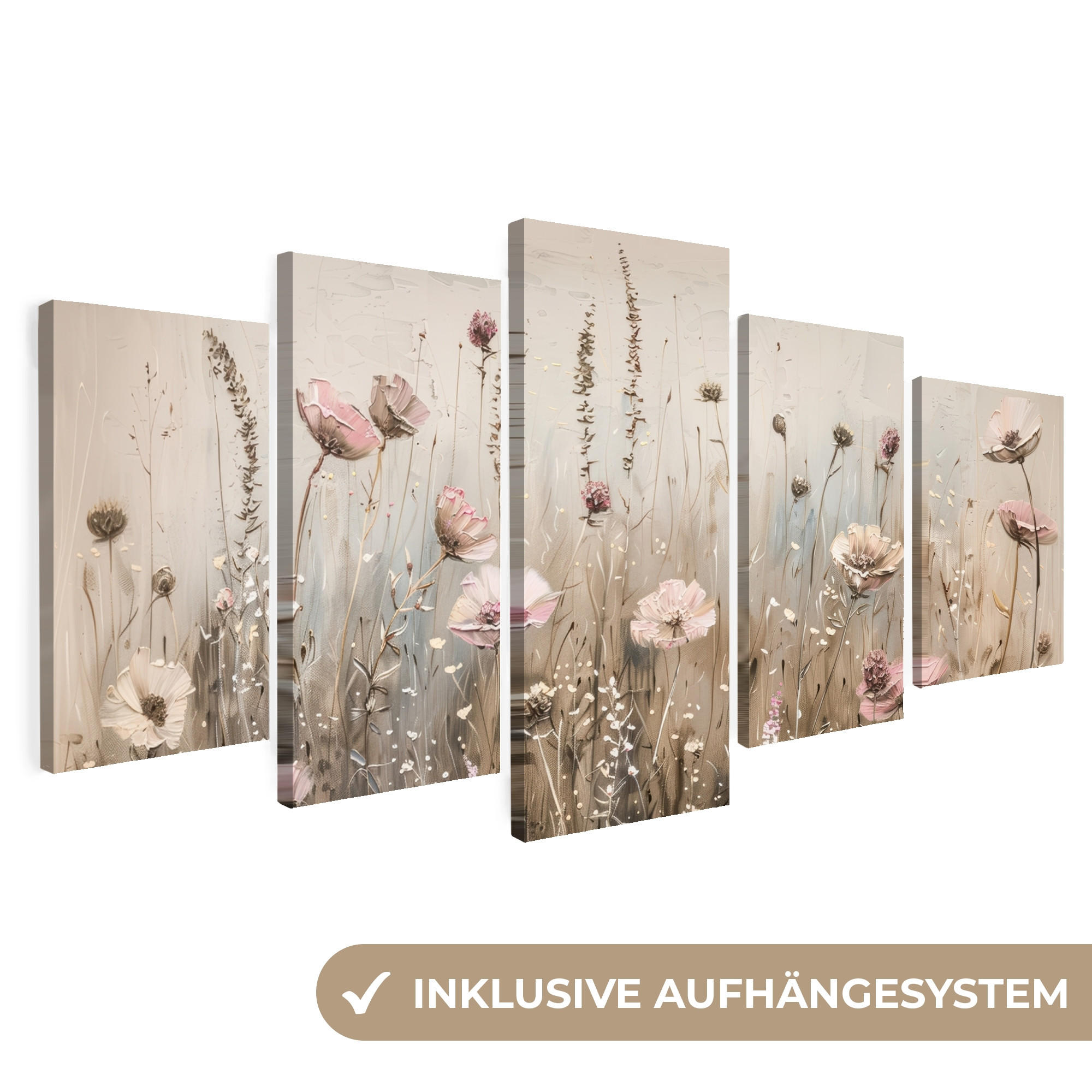 LEINWANDBILD 5er Set Blumen - Beige - Modern - Rosa 200x100 cm - Ecru, Textil (200/100cm) - MuchoWow