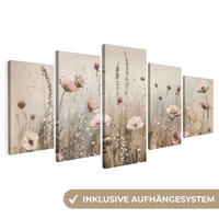 LEINWANDBILD 5er Set Blumen - Beige - Modern - Rosa 200x100 cm - Ecru, Textil (200/100cm) - MuchoWow