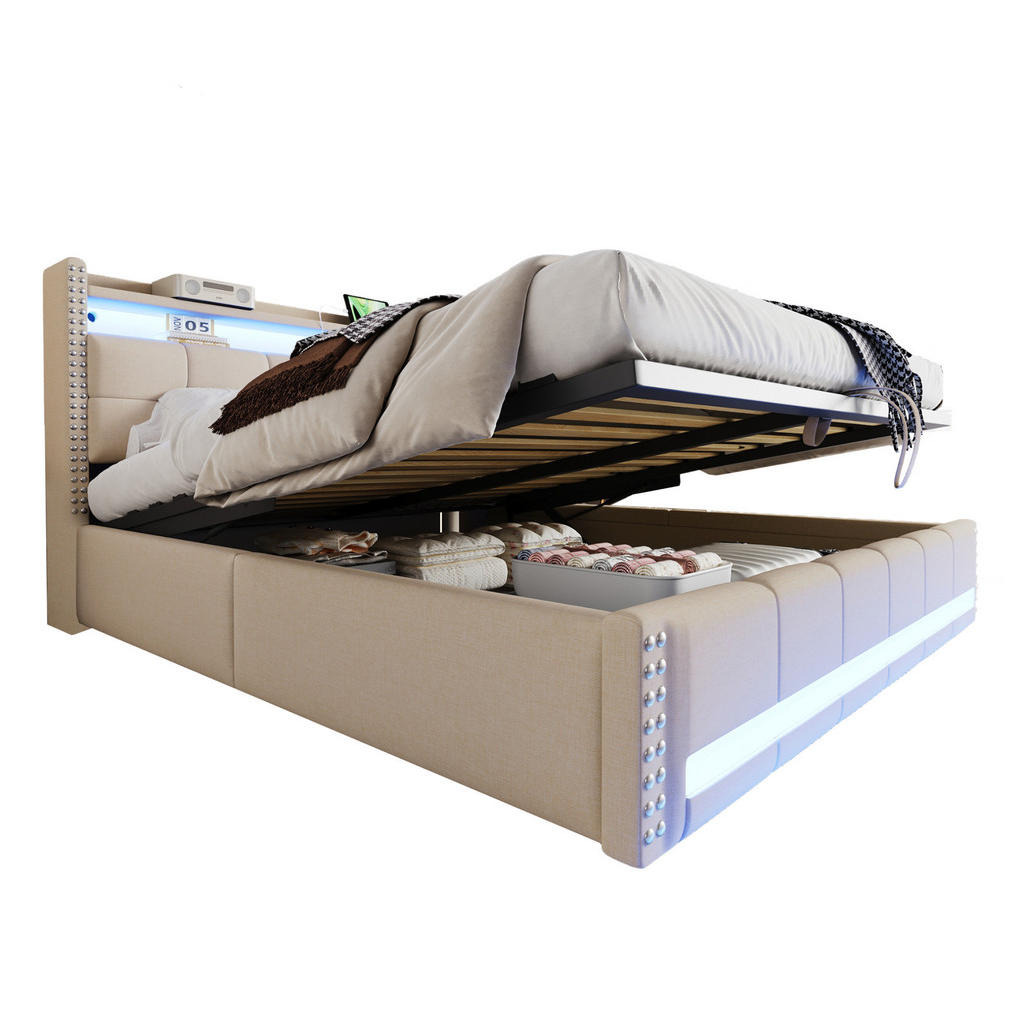 Redom ČALOUNĚNÁ postel 180 x 200 cm s LED osvětlením, USB portem, hydraulickým úložným prostorem a policemi v čele, Béžová