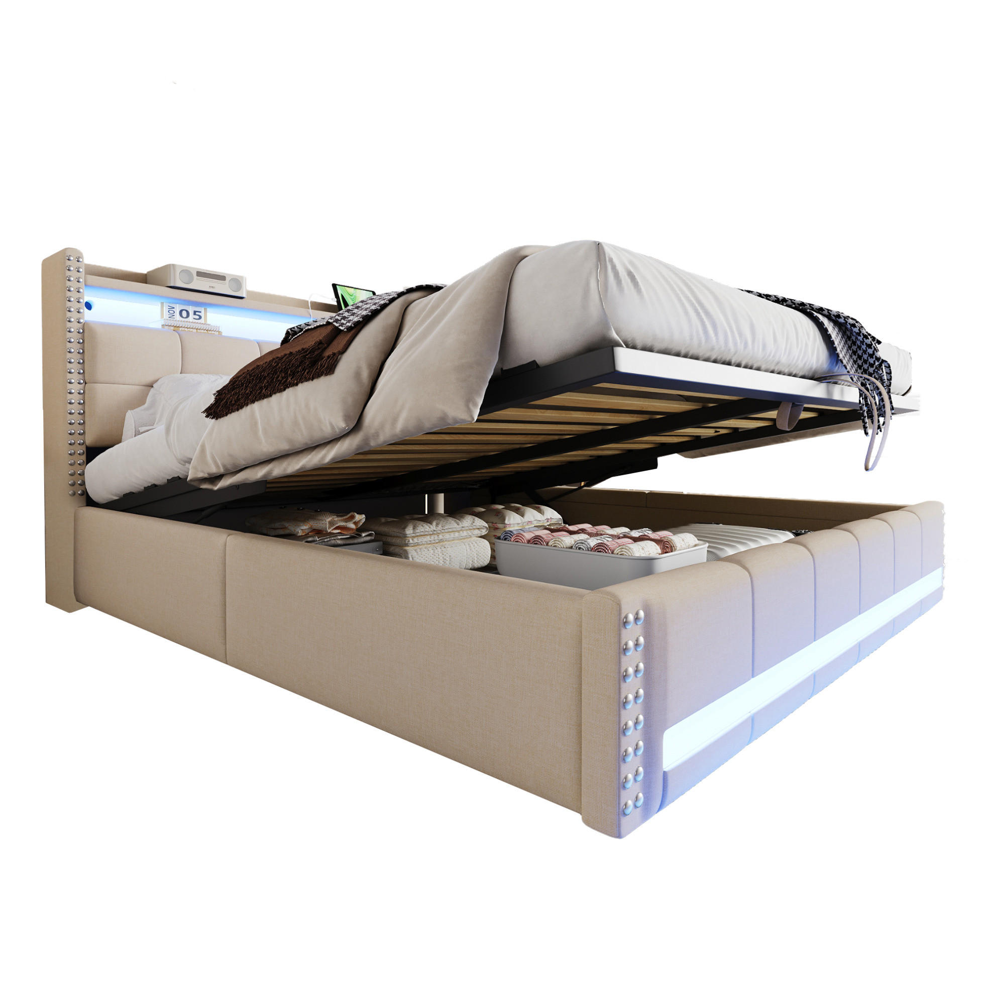 POLSTERBETT 180/200 cm mit LED-Beleuchtung, USB-Anschluss, Kopfteil mit Stauraum und hydraulischem Bettkasten, Beige/Grau - Beige, Textil (180/200cm) - Redom