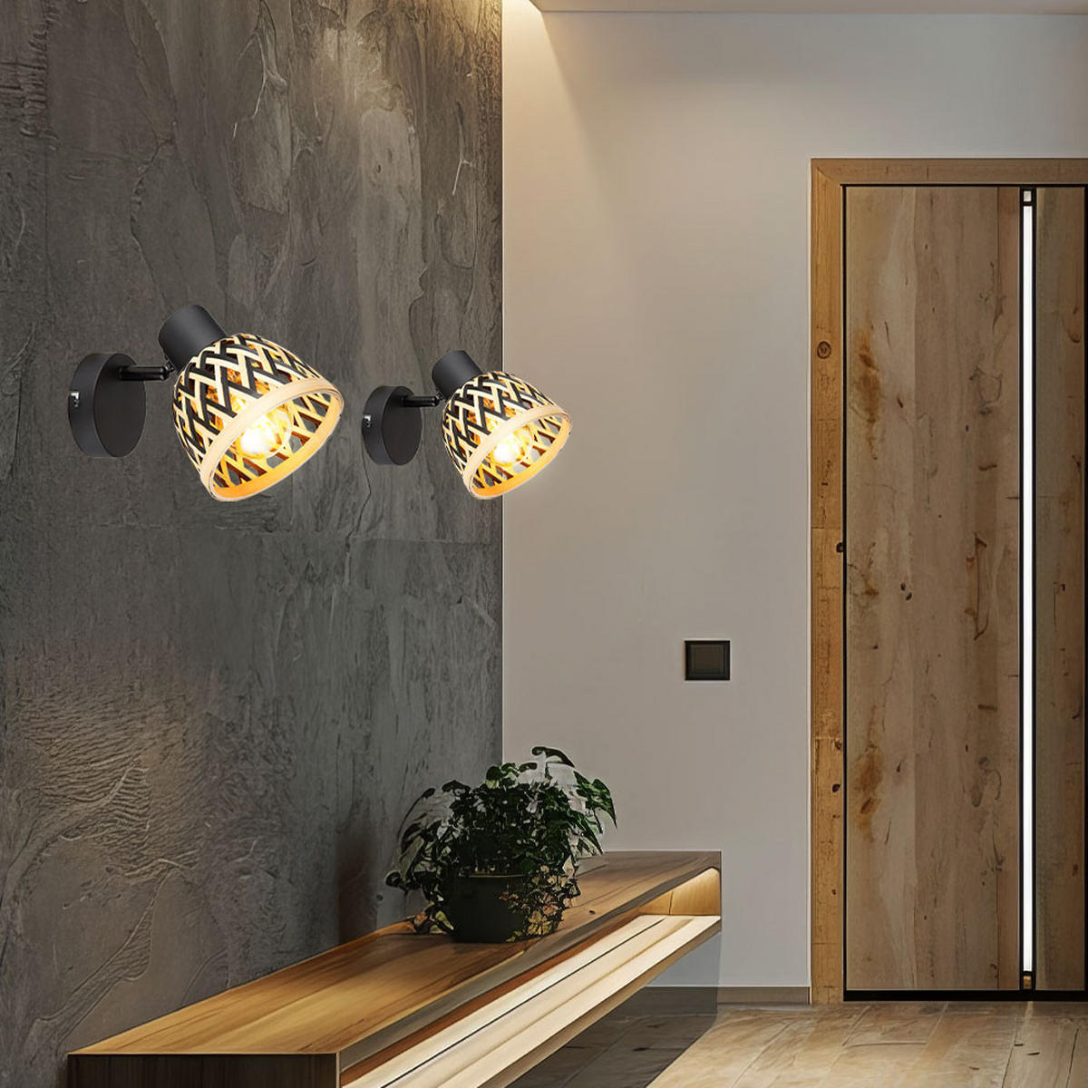 WANDLEUCHTE Metall Bambus Schirm Schwarz Braun - Schwarz, Holz (13/14/16.5cm) - Globo Lighting