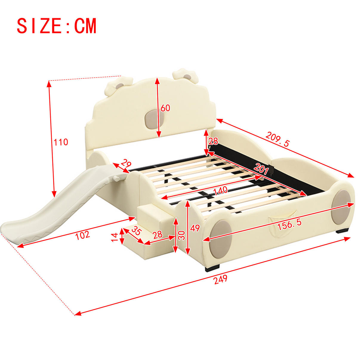 KINDERBETT aus PU und MDF 140x200 cm Beige mit Rutsche und Leiter im Bären-Design - Beige, Kunststoff (140/200cm) - IVMEU