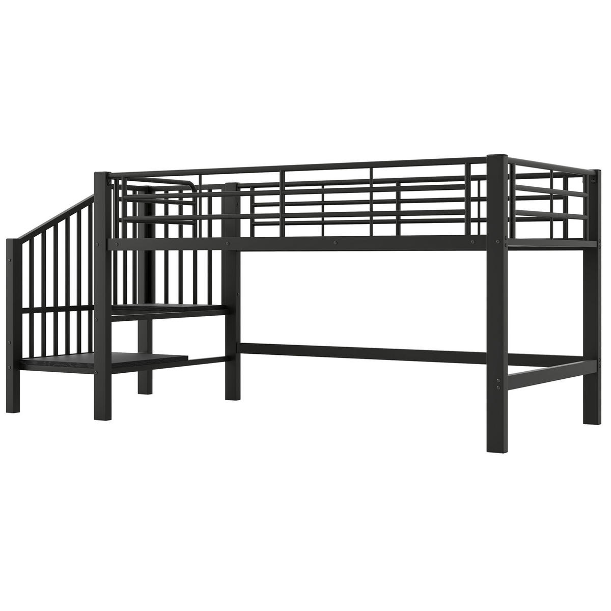 HOCHBETT Halbhohes Hochbett 90/200 cm aus MDF und Metall mit Stauraumtreppe Schwarz - Schwarz, Holzwerkstoff (90/200cm) - Modenvie