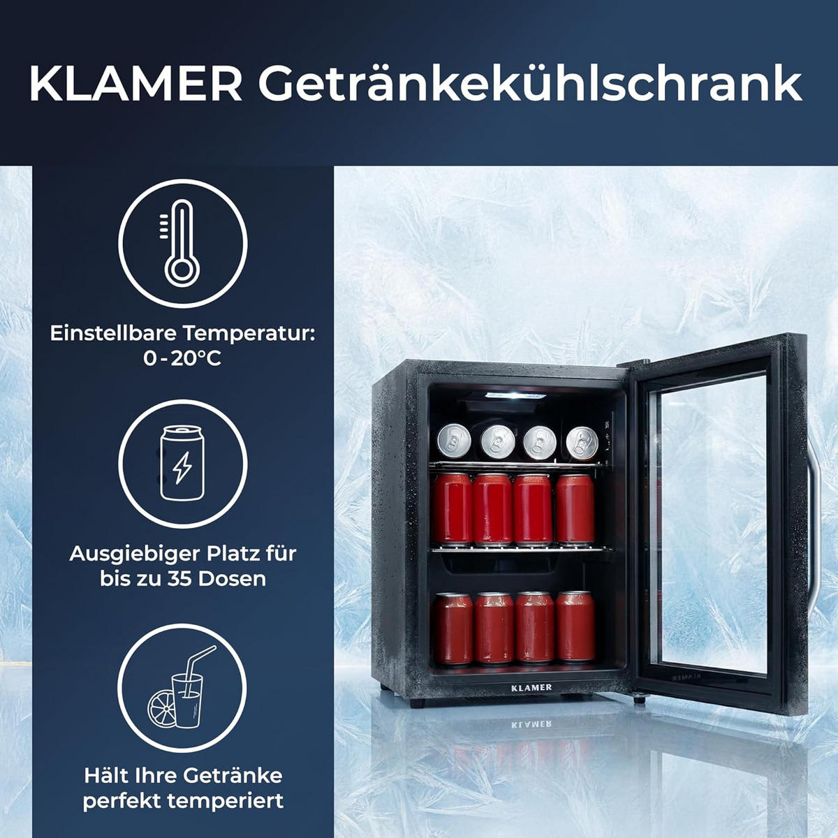GETRÄNKEKÜHLSCHRANK 37L Mini Kühlschrank - Schwarz, Glas/Metall (40/55/48cm) - KLAMER