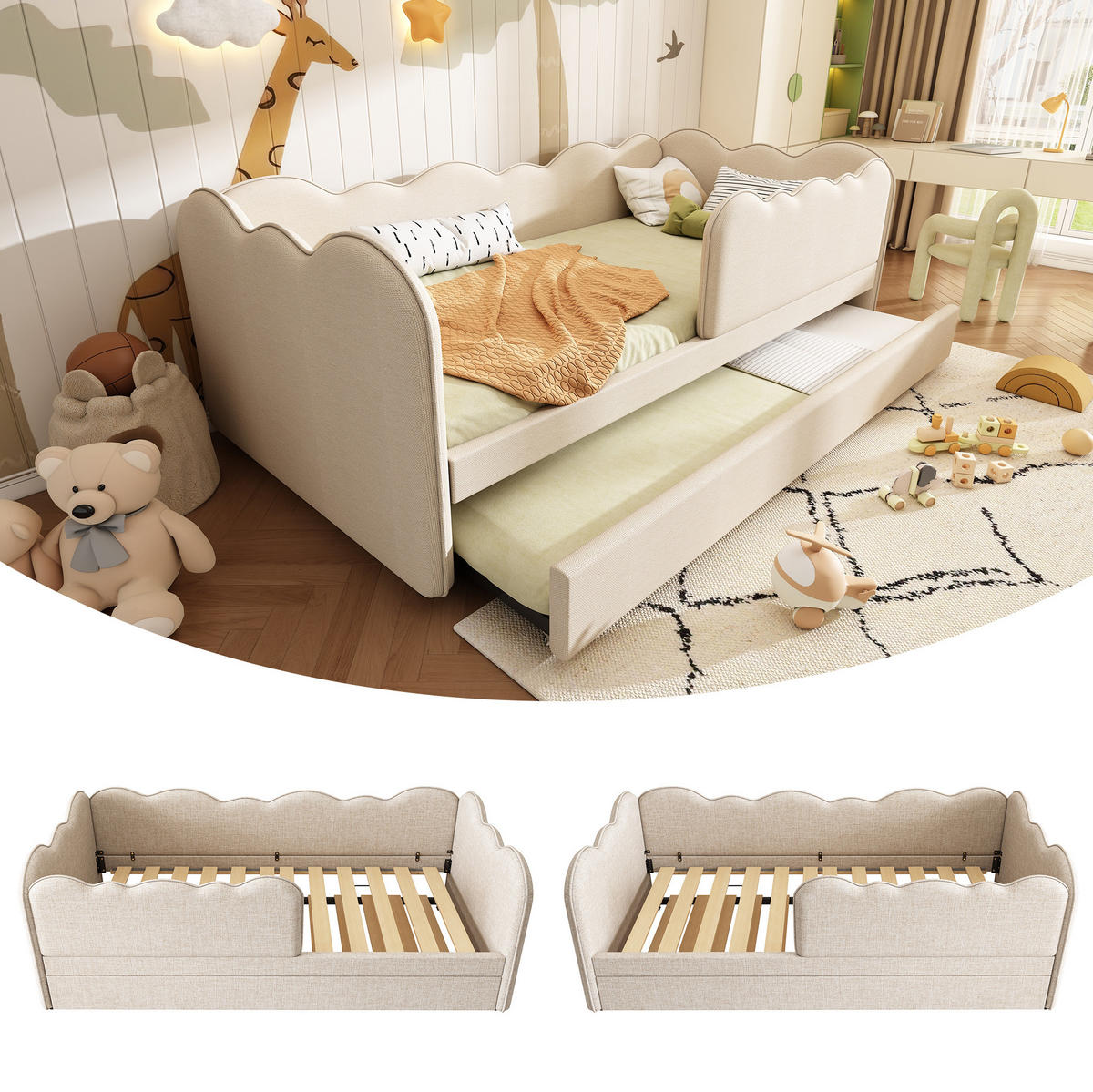 TAGESBETT mit Ausziehbett 90/190 cm, Beige, Leinen - Beige, Textil (90/190cm) - MIVRAY