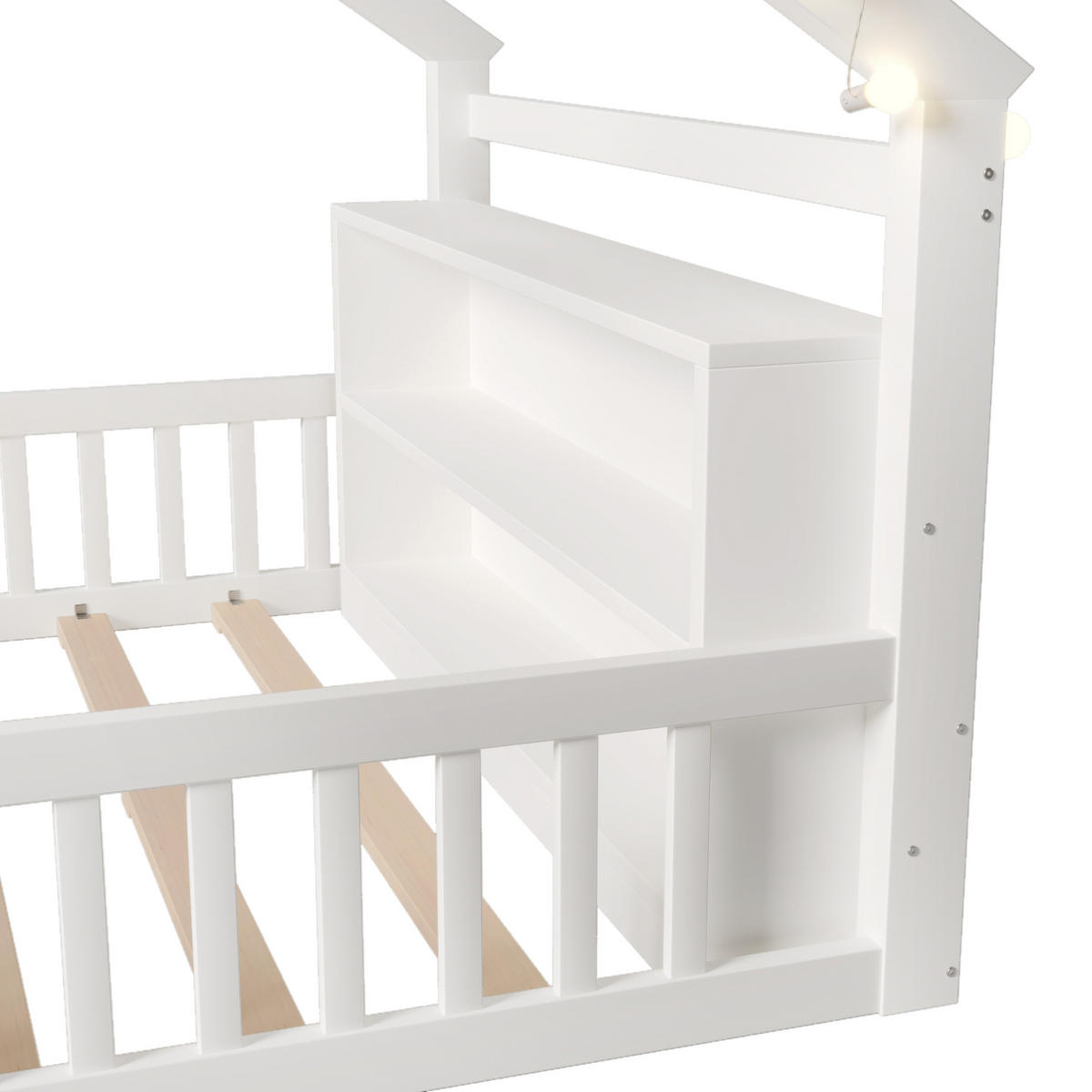 KINDERBETT 140/190 cm mit Schutzgitter, LED-Lichterkette und Seitenregalen aus Kiefernholz, Weiß - Weiß, Holz (140/190cm) - Redom
