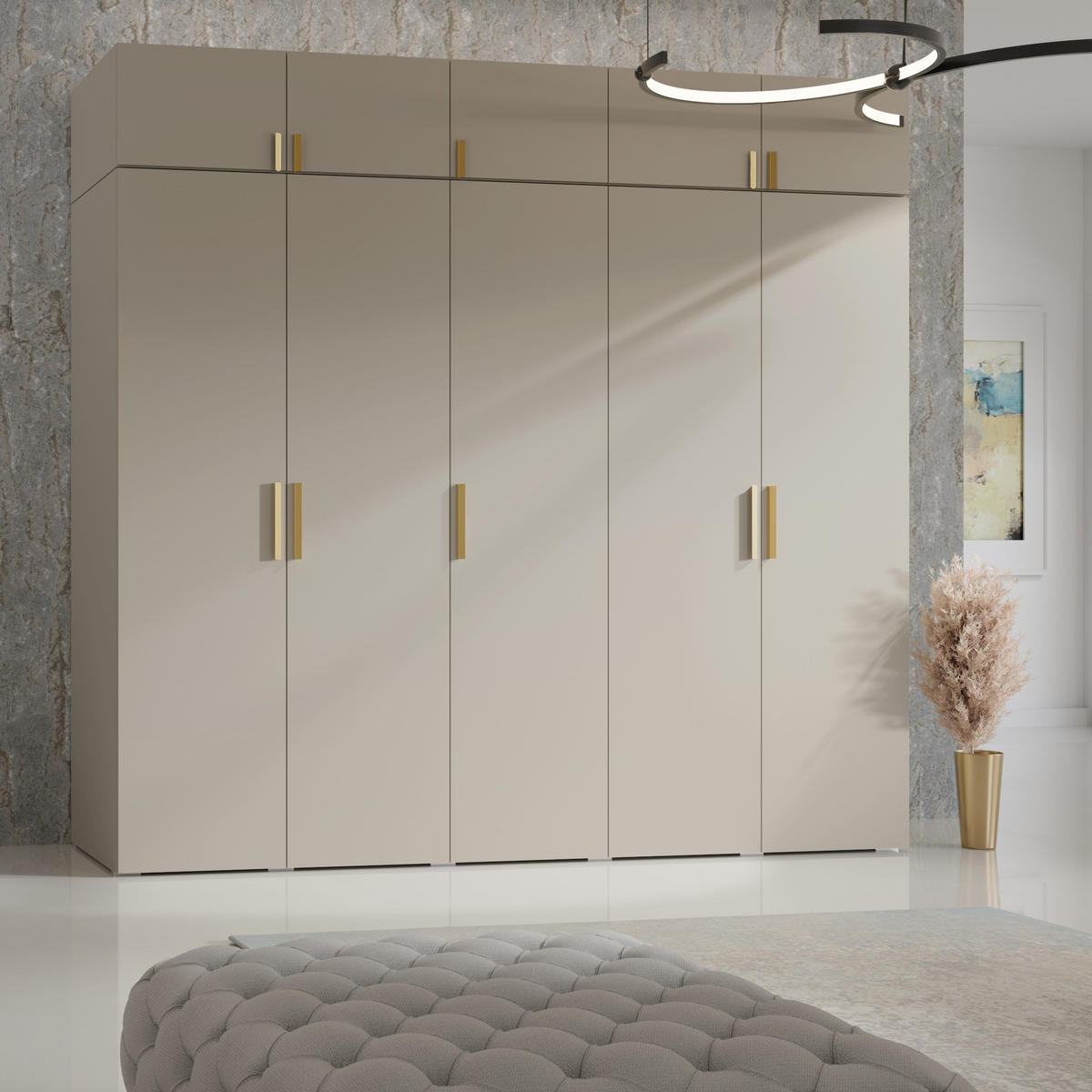 DREHTÜRENSCHRANK mit Aufsatz Napoli 5D 250 Kaschmir (schwarzer oder goldener Griff) - Kaschmir/Silberfarben, Holzwerkstoff/Kunststoff (250/35/60cm) - mzm24