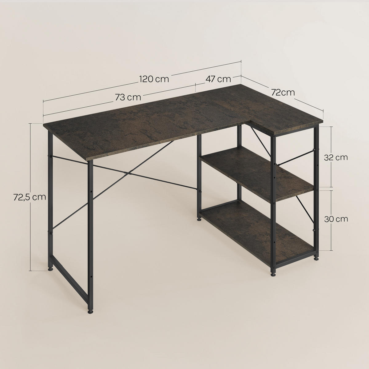 SCHREIBTISCH mit 2 Ablagen,120x74x71,5 cm, Schwarz-Rostfarbe - Rostfarben/Schwarz, Holzwerkstoff/Metall (74/120/71.5cm) - Woltu