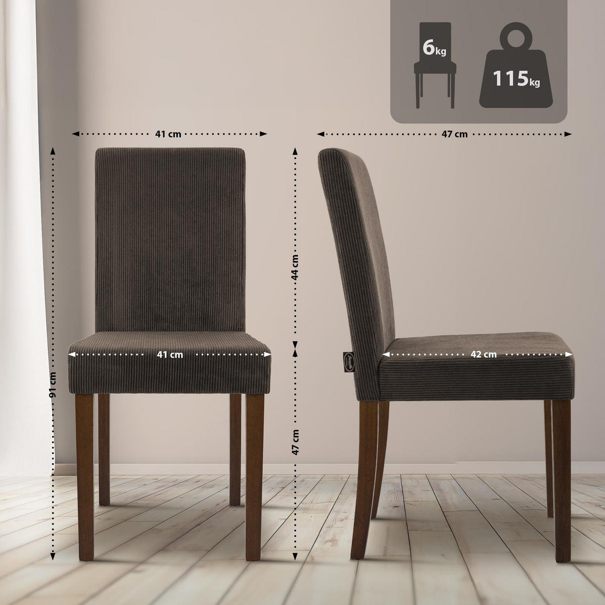 ESSZIMMERSTUHL Cord Braun - Braun, Holz/Textil (41/91/47cm) - CLP