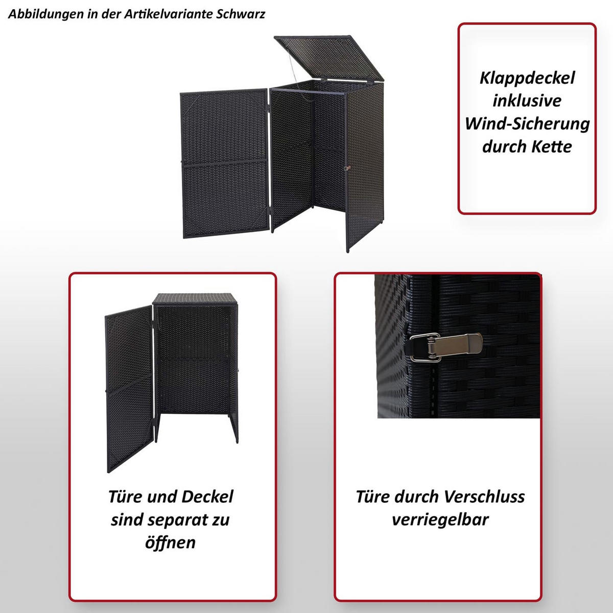 MÜLLTONNENBOX HxBxT 110x65x66cm Poly-Rattan 120l Schwarz - Schwarz, Kunststoff (65/110/66cm) - PROREGAL