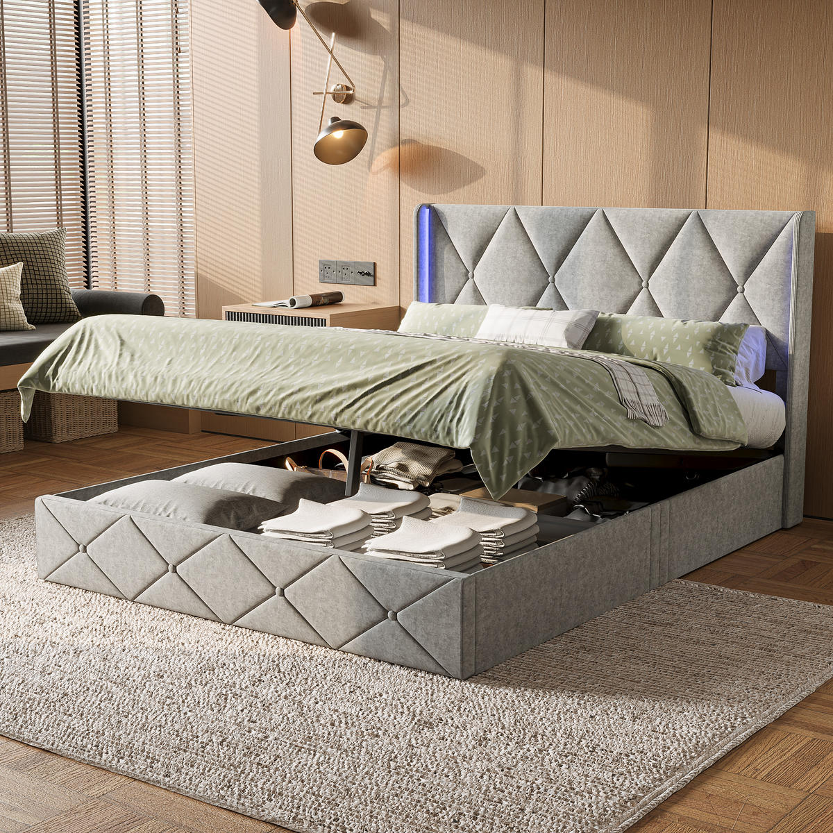 POLSTERBETT 160x200 cm LED Stauraum Lattenrost Samt gepolstert grau - Grau, Holz (160/200cm) - LEBENLANG