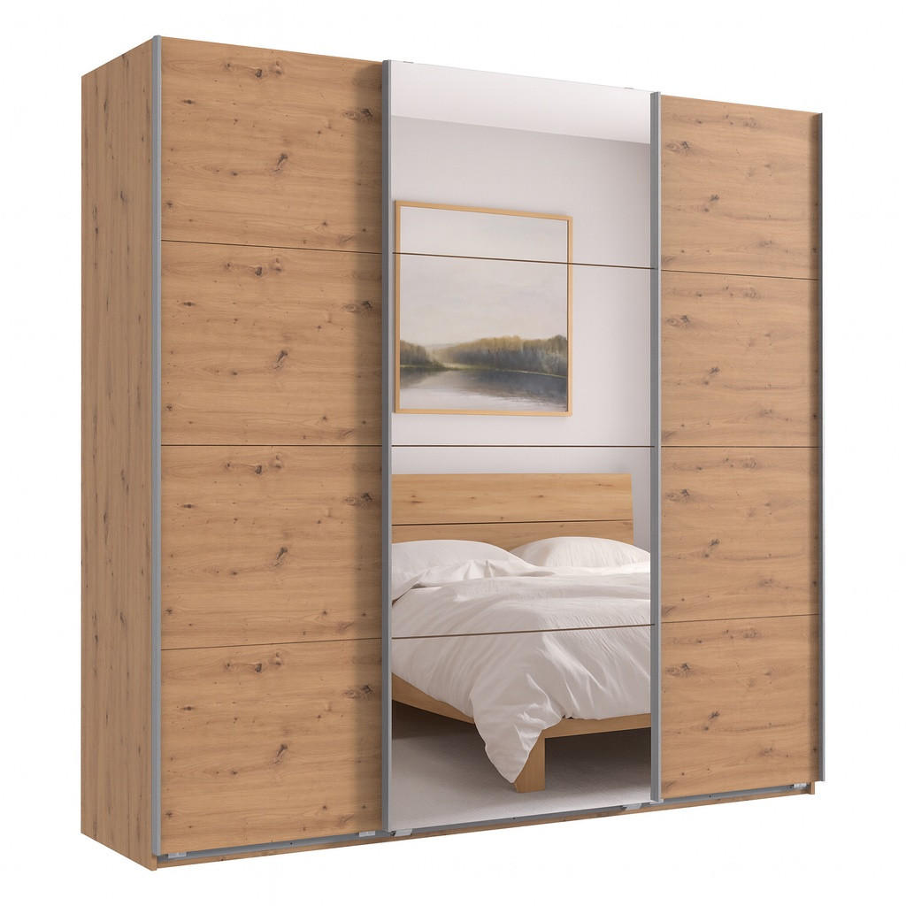 SCHWEBETÜRENSCHRANK 3-türig extrahoch in Eichendekor, eine Tür mit Spiegel, B225/H236/T64 cm / 22541 - Eichefarben/Alufarben, Holzwerkstoff/Metall (225/236/64cm) - luma-home