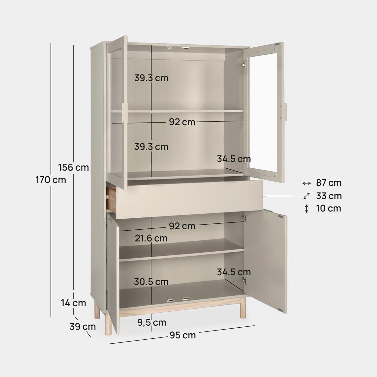 VITRINENSCHRANK DOPPELTER Elian Grau 95 cm x 170 cm - Grau, Holzwerkstoff (95/170/39cm) - Klast Home