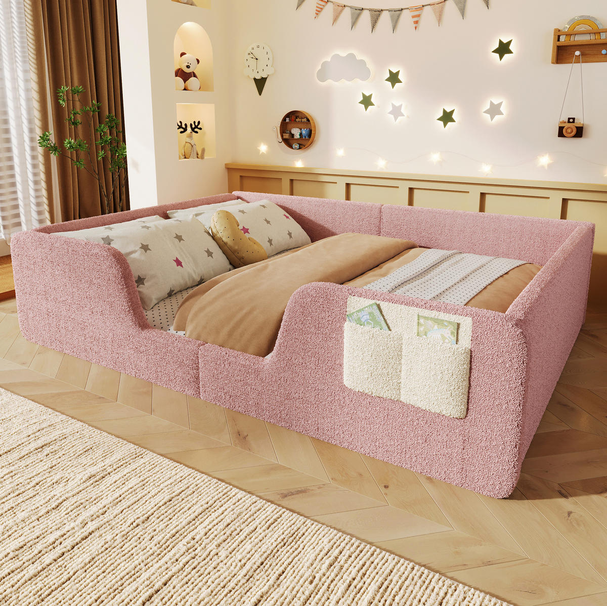 POLSTERBETT aus Samt 140x190 cm Rosa mit abnehmbaren Seitengittern und Stofftasche - Rosa, Textil (140/190cm) - Modfu