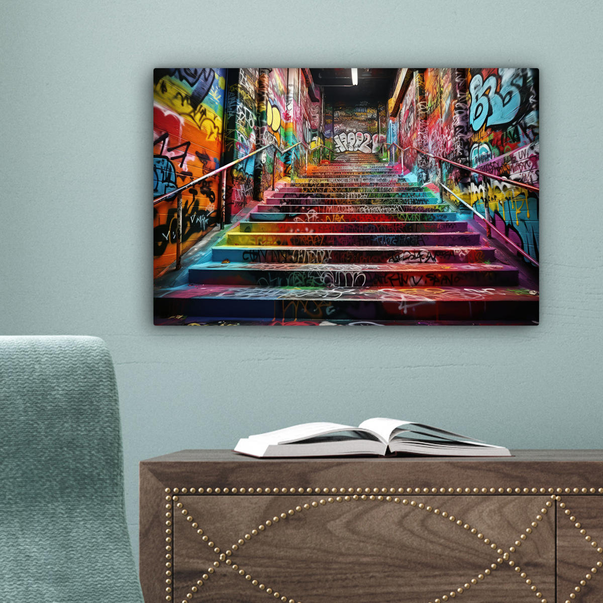 LEINWANDBILD Treppe - Graffiti - Farben - Kunst Deko Schlafzimmer 30x20 cm - Multicolor, Textil (30/20cm) - MuchoWow